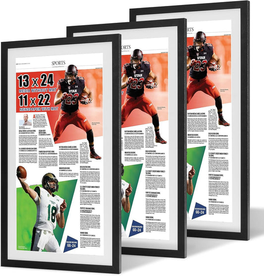 JupDec 11 × 22 Up to 13 × 24 Newspaper Frame, Premium Wood Display Case with Acrylic Panel, Wall Mount or Tabletop Stand, Perfect for Home & Office Decor, Ideal Gift for Collector, 3 Pack, White