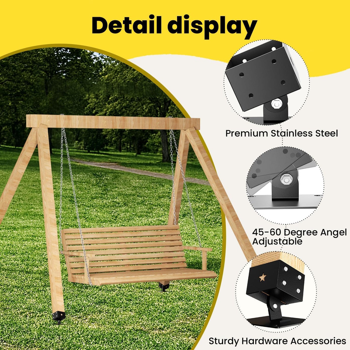 Heavy Duty Swing Set Brackets (4-Pack), 201 Stainless Steel Base for 4x4 Wood Posts (Fits 3.5"x3.5"), Includes Leveling Blocks & Hardware, Ground Anchor for Enhanced Stability & Wood Protection