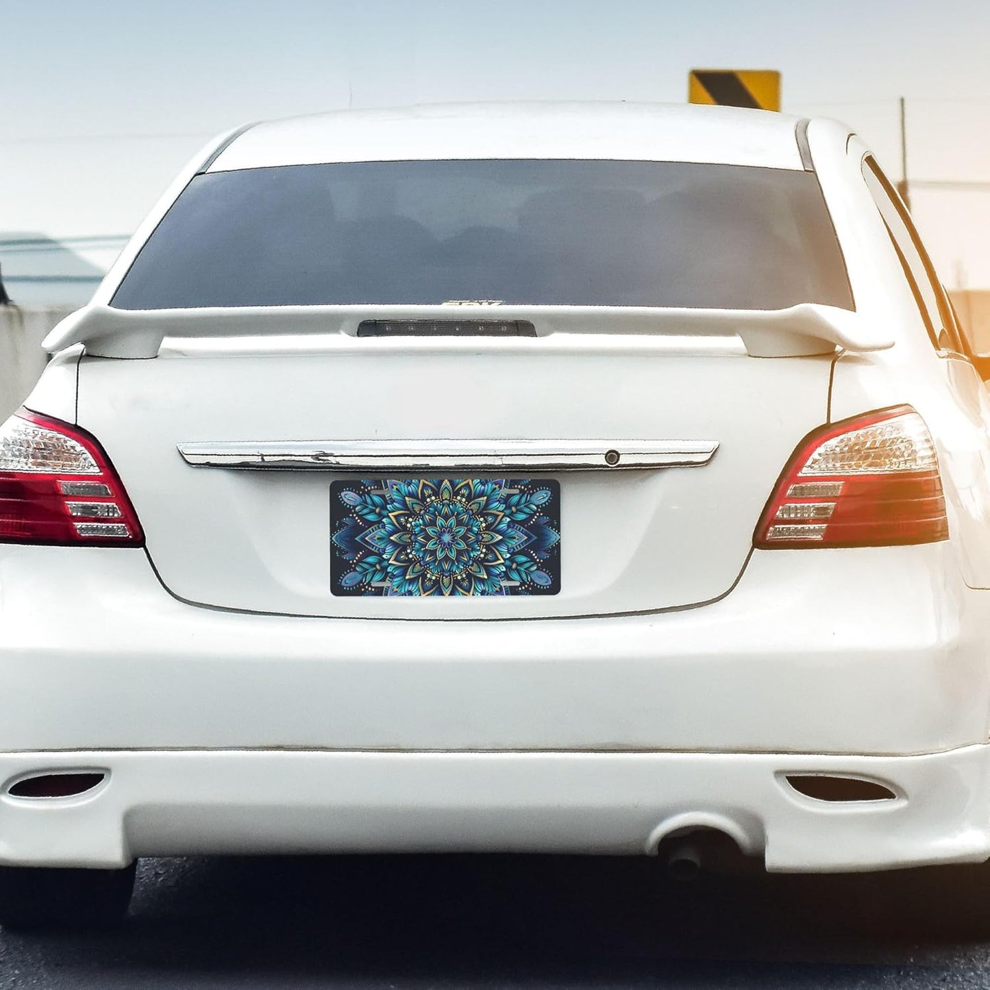 Blue Turquoise Mandala Flower Front License Plate for Car Designs Stainless License Plate Cover Holder for Men Women Metal Aluminum Decorative Accessory Vanity Tag Standard 6 X 12 Inch (4 Holes)