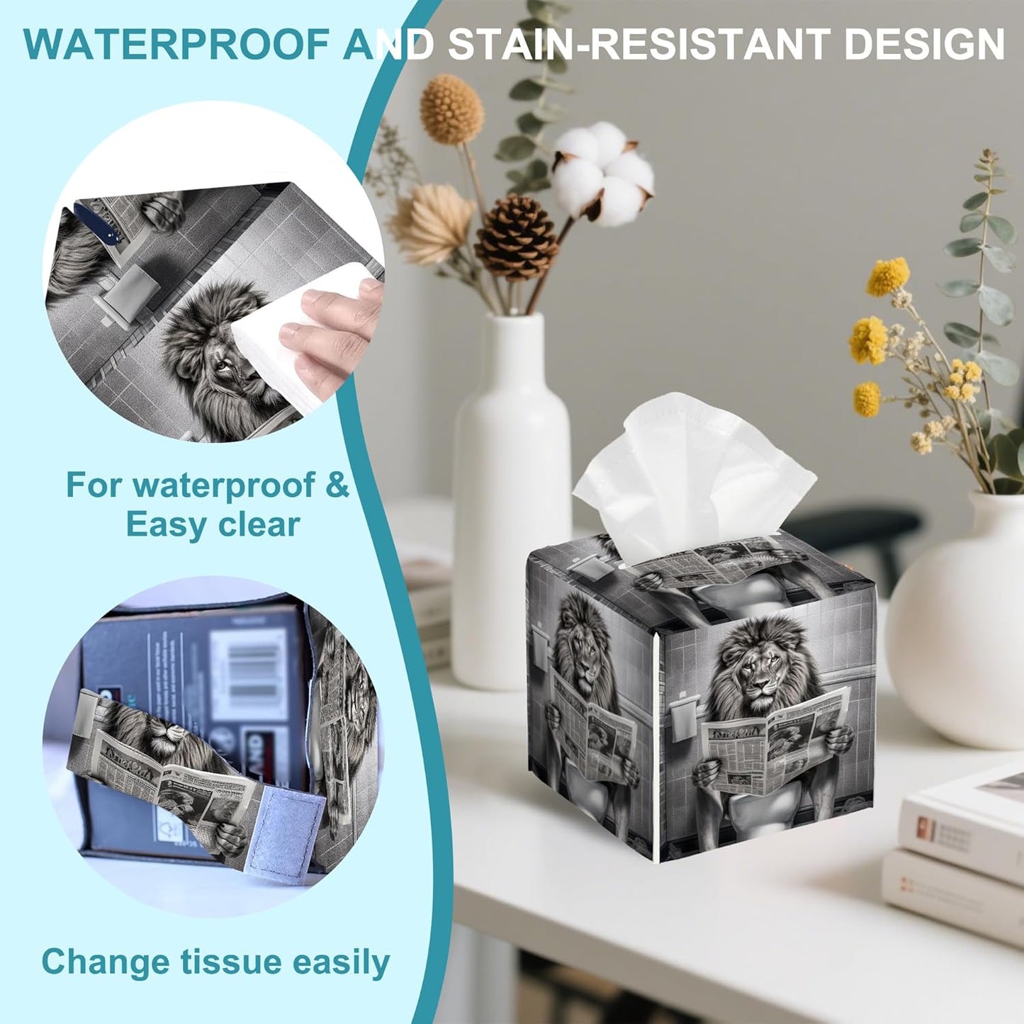 Lion Sit on Toilet Tissue Box Cover,Tissue Box Holder Square with Bottom Belt,Waterproof Leather Organizer Portable Decorative Facial Paper for Bedroom Dresser Night Stand Office,5.2" x 5.2" x 5.2"