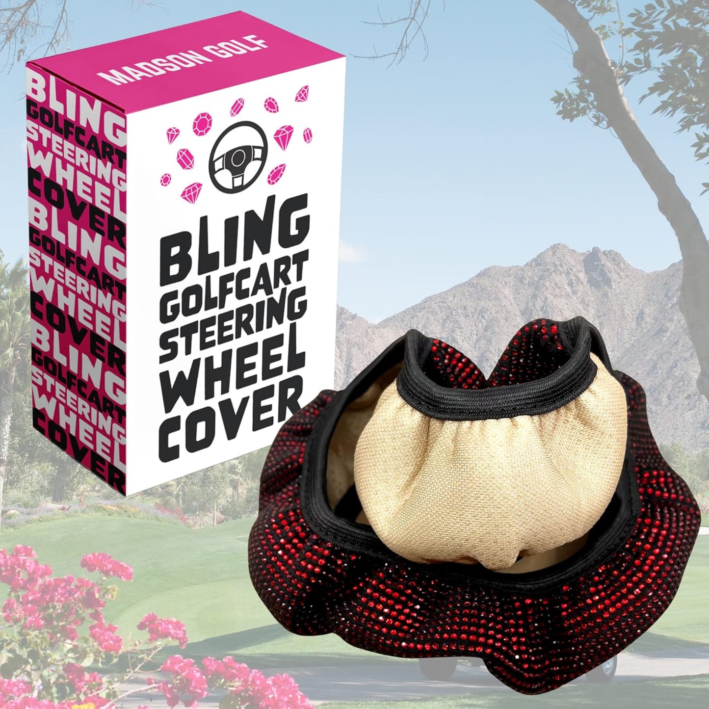 Universal Colorful Bling Crystal Diamond Rhinestones Golf Cart Steering Wheel Cover fits Club Car, Yahama, EZGO, Anti Slip Cover Easy to Install, Great Gifts for Golfer Women Womens (Red Diamond)