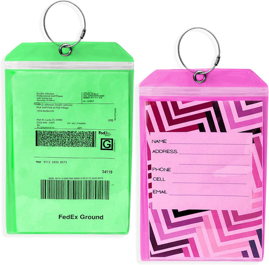 Golf Luggage Tag - Set of 2 Bag Tags Set Extra Large 9" x 6" - Plastic Waterproof Zipper Pouch - PVC Baggage Tag Sleeve for Travel & Shipping Golf Bag - Sealable Personalized Ship Sticks