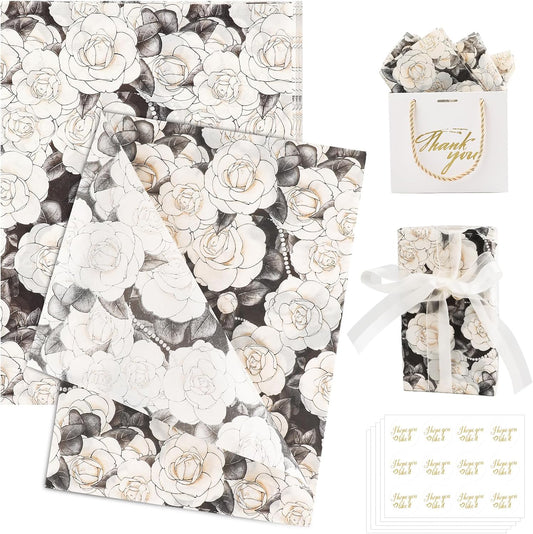 100 Sheets Camellia Flower Tissue Paper with Stickers,20x14 Inch Floral Gift Wrapping Paper for Birthday, Wedding, Baby Shower, Bridal Shower, DIY Crafts and Party Favors
