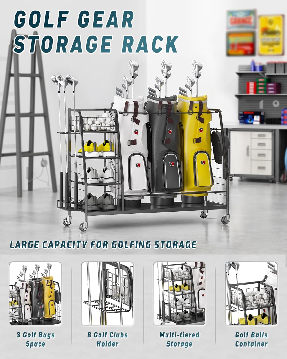 Golf Bag Organizer for Garage - 3 Golf Bag Storage Rack with Lockable Wheels - Golf Equipment Stand - Golf Clubs Bags Accessories Holder