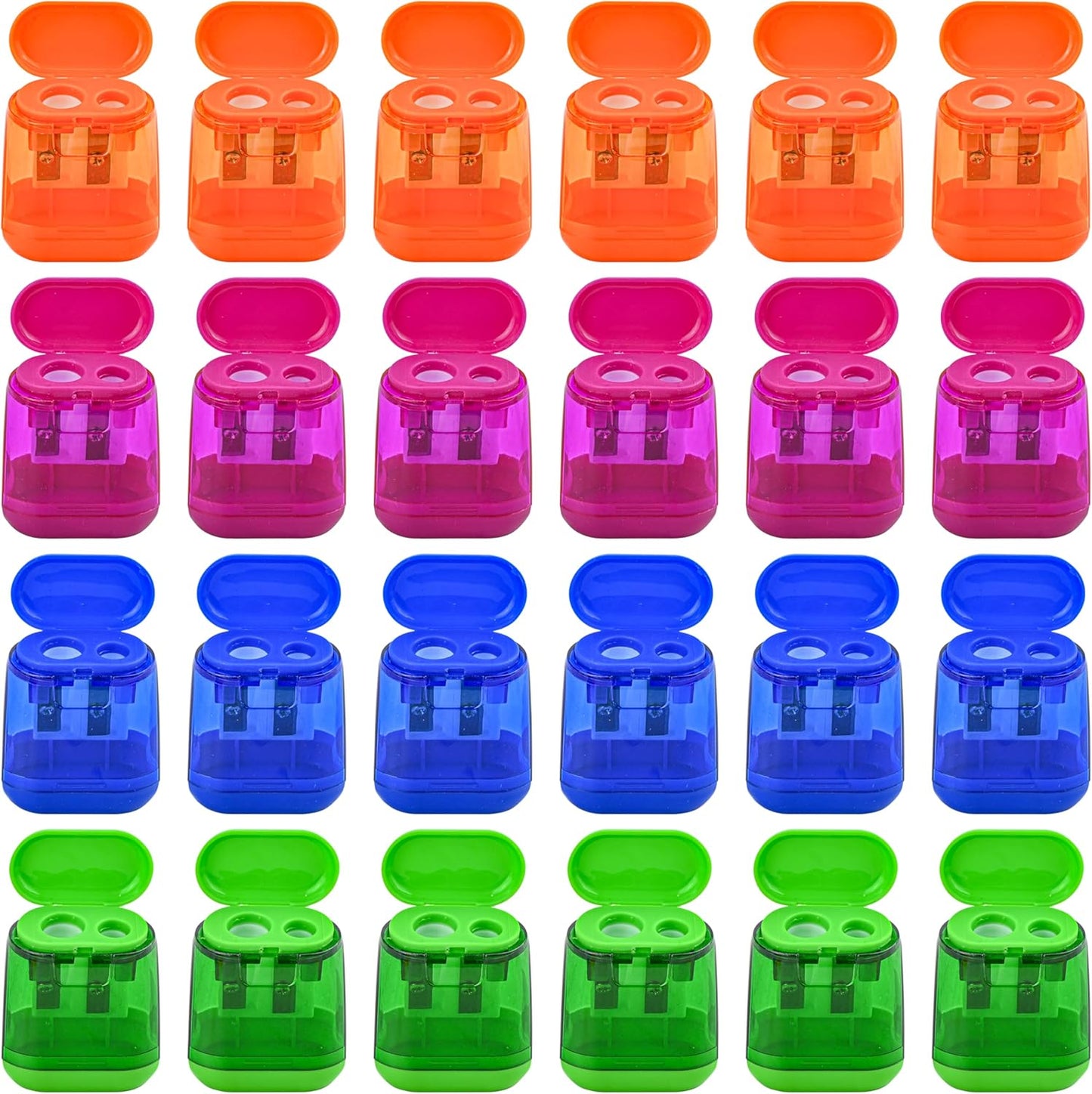 AUSTARK 24Pcs Pencil Sharpener Manual, Assorted Color Small Dual Hole Pencil Sharpeners Bulk with Lid for School Office Home (Geometry-24)