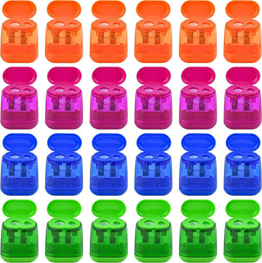 AUSTARK 24Pcs Pencil Sharpener Manual, Assorted Color Small Dual Hole Pencil Sharpeners Bulk with Lid for School Office Home (Geometry-24)