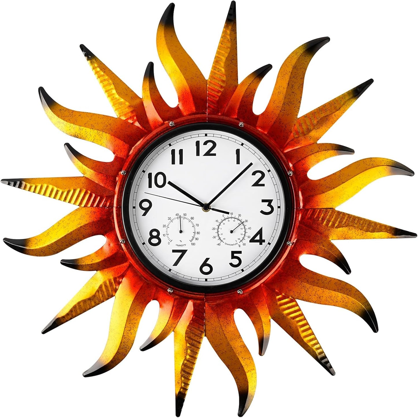 25-Inch Sun-Shaped Outdoor Clock and Thermometer Set, 10-Inch Dial, Battery Powered, Waterproof, Silent Quartz Movement (Yellow)