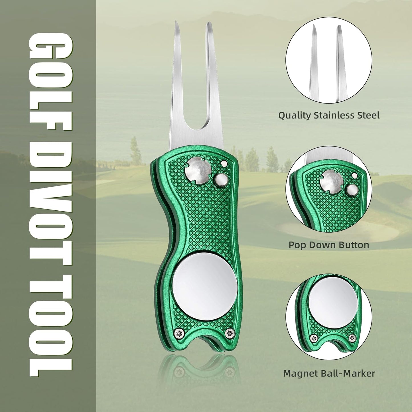 Mile High Life Golf Divot Repair Tool, All Metal Foldable Divot Tool with Pop-up Button & Magnetic Ball Marker, 2-6 Pack