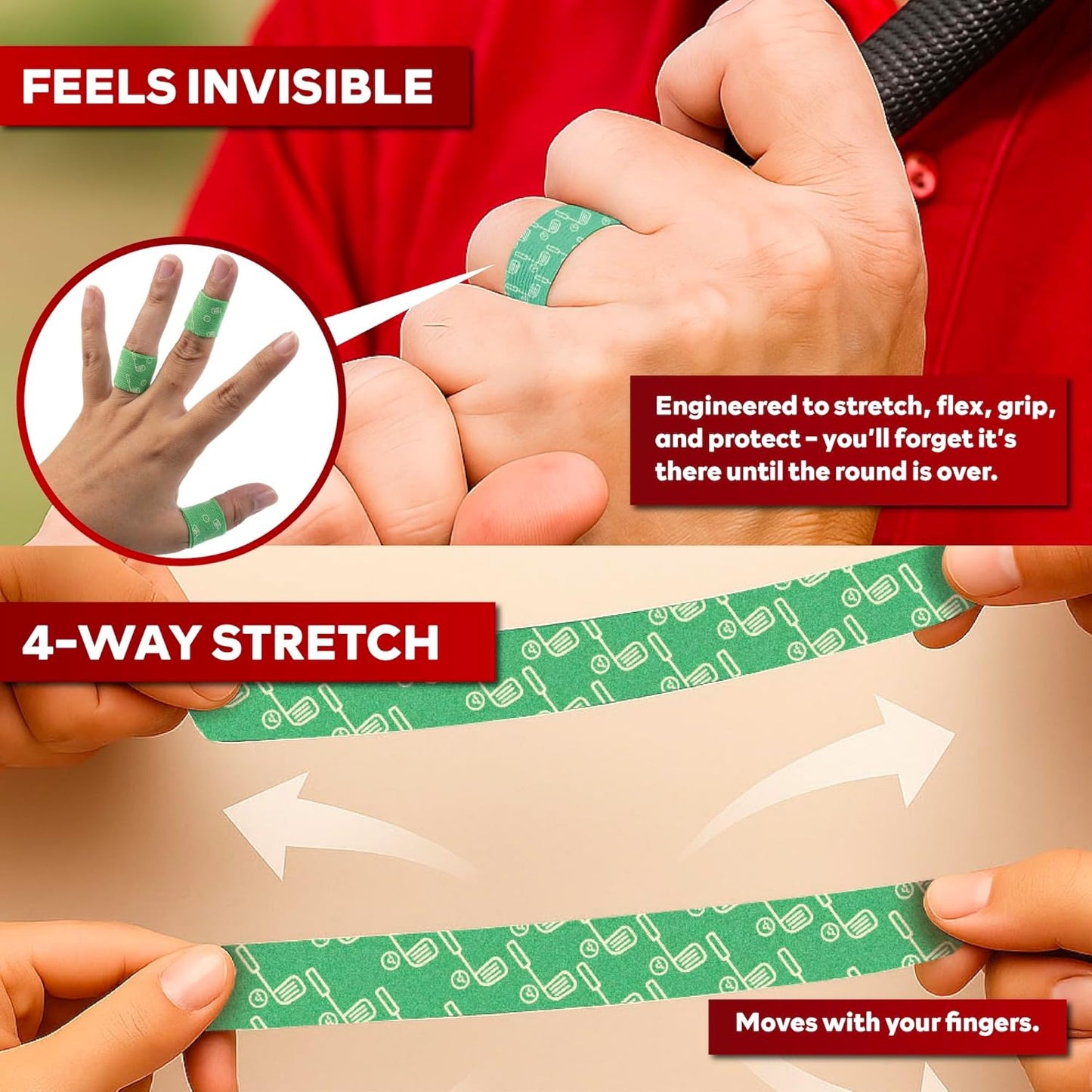 XFasten Golf Tape for Fingers Precut Strips - Waterproof Golf Finger Tape Grip, Athletic Blister Protection Sports Wrap Strips, 4-Way Stretch, Soft-Edged, Sweatproof, and Residue-Free