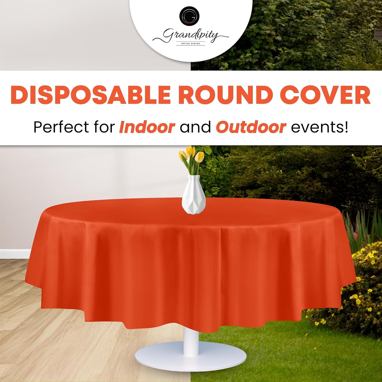 Grandipity 12 Pack Premium Disposable Plastic Tablecloth 84" Inch Decorative Round Table Cover - Orange