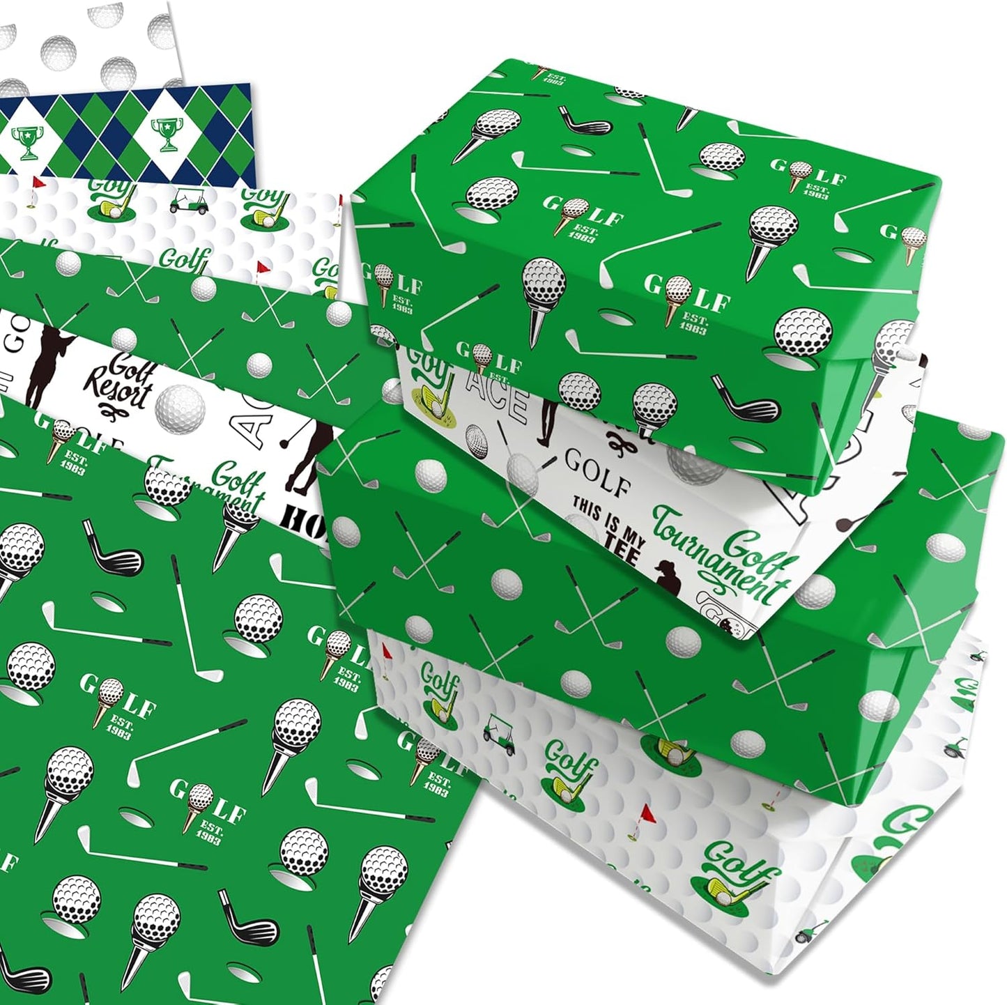 Golf Wrapping Paper for Men Boys, 12 Sheets Blue Green Sports Golfing Gift Wrap Paper with Sports Golfs Clubs Balls Carts Green Argyle Champions Plaid Pattern Designs Golfs Gift Papers, 20'' x 27''