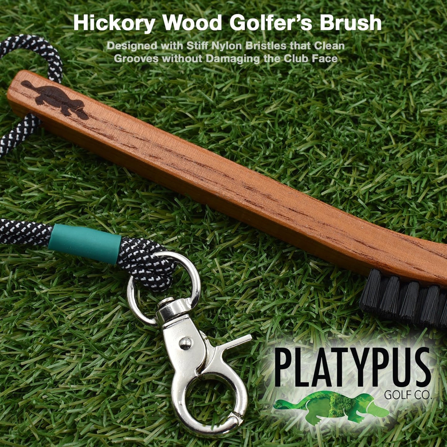 Platypus Golf Co. Hickory Wood Golf Club Brush & Non-Slip Groove Cleaner with Stiff Nylon Bristles, Paracord Rope & Stainless Steel Metal Clip, for Cleaning Grooves on Clubs, Fits Any Golfer's Bag