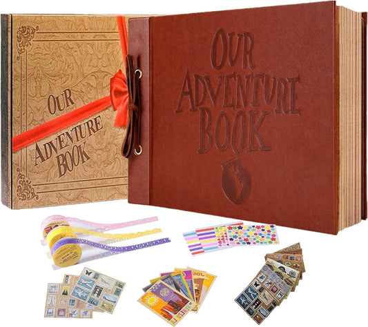 Adventure Book Handcrafted 11.92 x 7.62" Leather-Bound Scrapbook with 80 Pages, Embossed Lettering, Inspired by 'Up', Ideal for Photos, Weddings&Travel Memories Gift Box Included