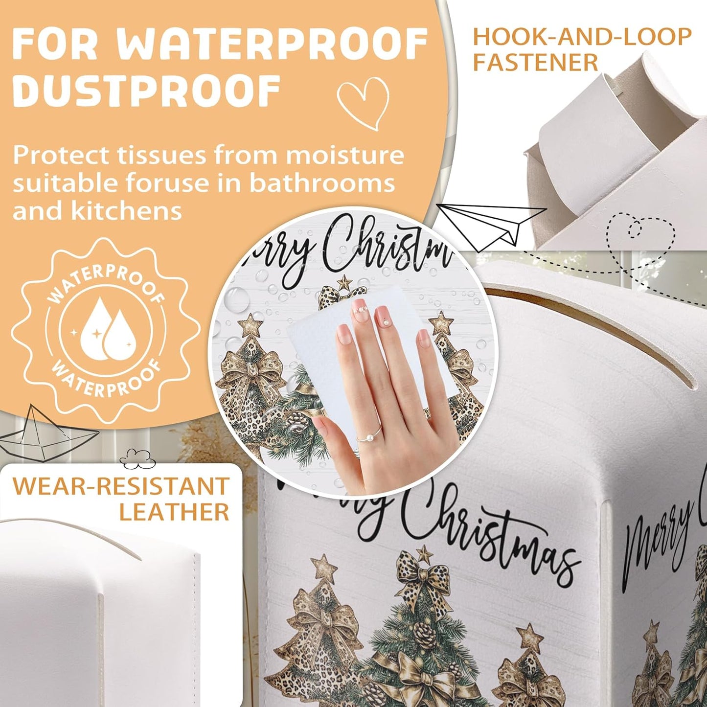 Merry Christmas Tissue Box Holder, Leopard Print Christmas Tree Leather Tissue Box Cover Square, Paper Facial Decorative Tissues Cover for Night Stands Bathroom Kitchen Office Home Decor-B31