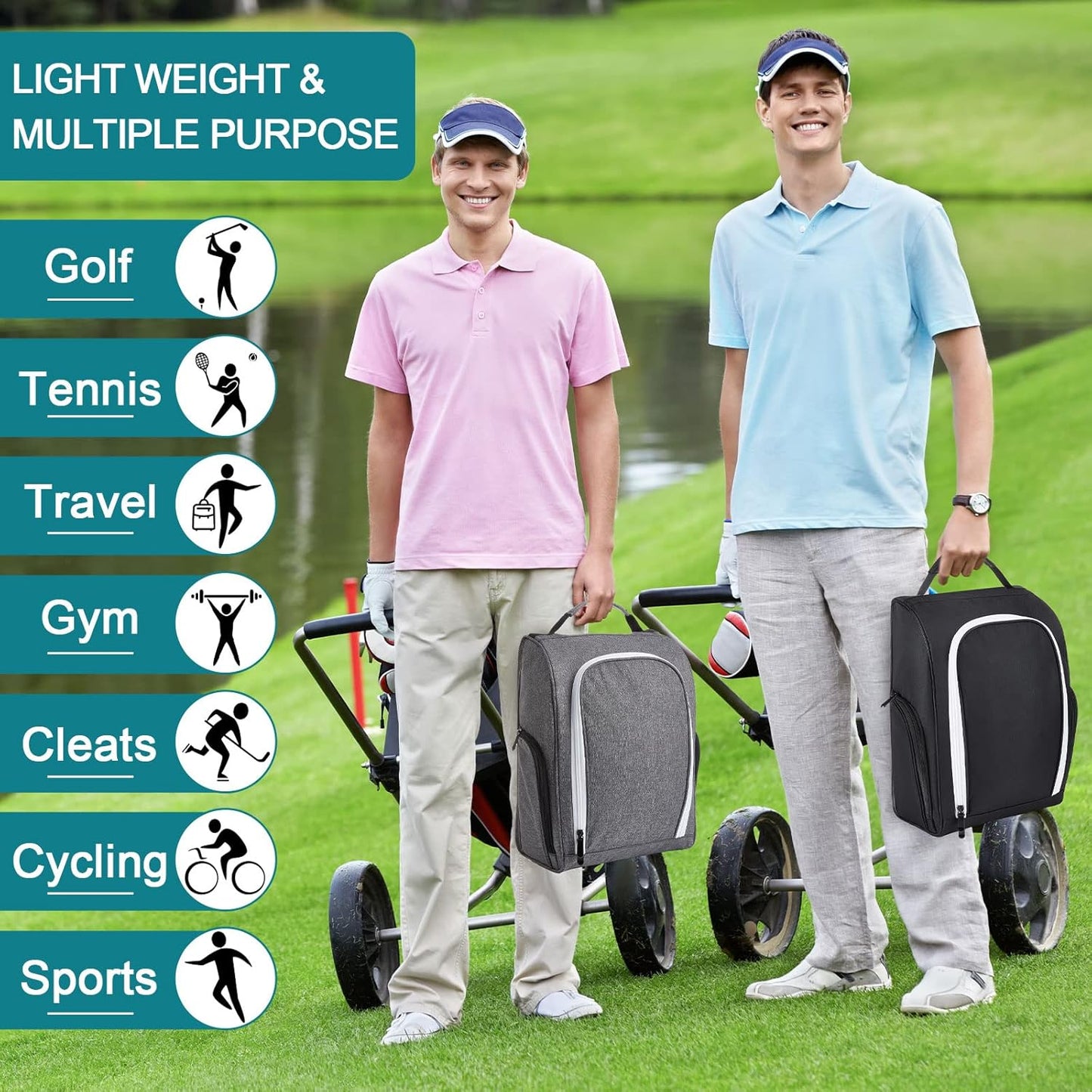 Funtery 2 Pcs Golf Shoe Bag for Travel Zippered Sports Shoe Carrier Tote Bags Golf Accessories with Ventilation Outside Pocket for Balls Tees Socks Accessories Men Women