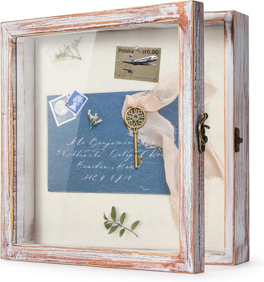 TJ.MOREE Flowers Shadow Box Display Case 11 x 11 Shadow Box Frame with Glass Window Door Farmhouse Picture Frame Wedding Bouquet Memorabilia Photos Memory Box for Keepsakes - White Pink