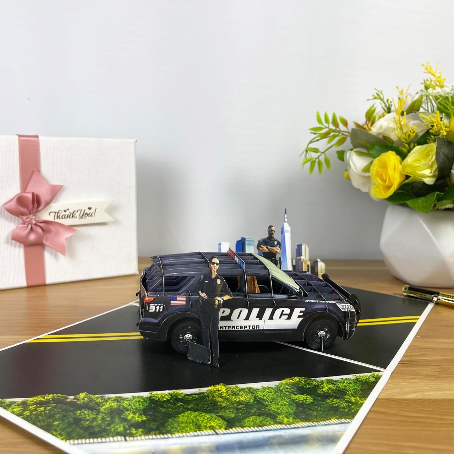 3D Police Car Popup Card - Handmade Law Enforcement Paper Art for Birthday, Anniversary, Christmas, Father’s Day - Greeting Card Gift for Him, Her, Dad, Son, Husband, Wife, Police Officer
