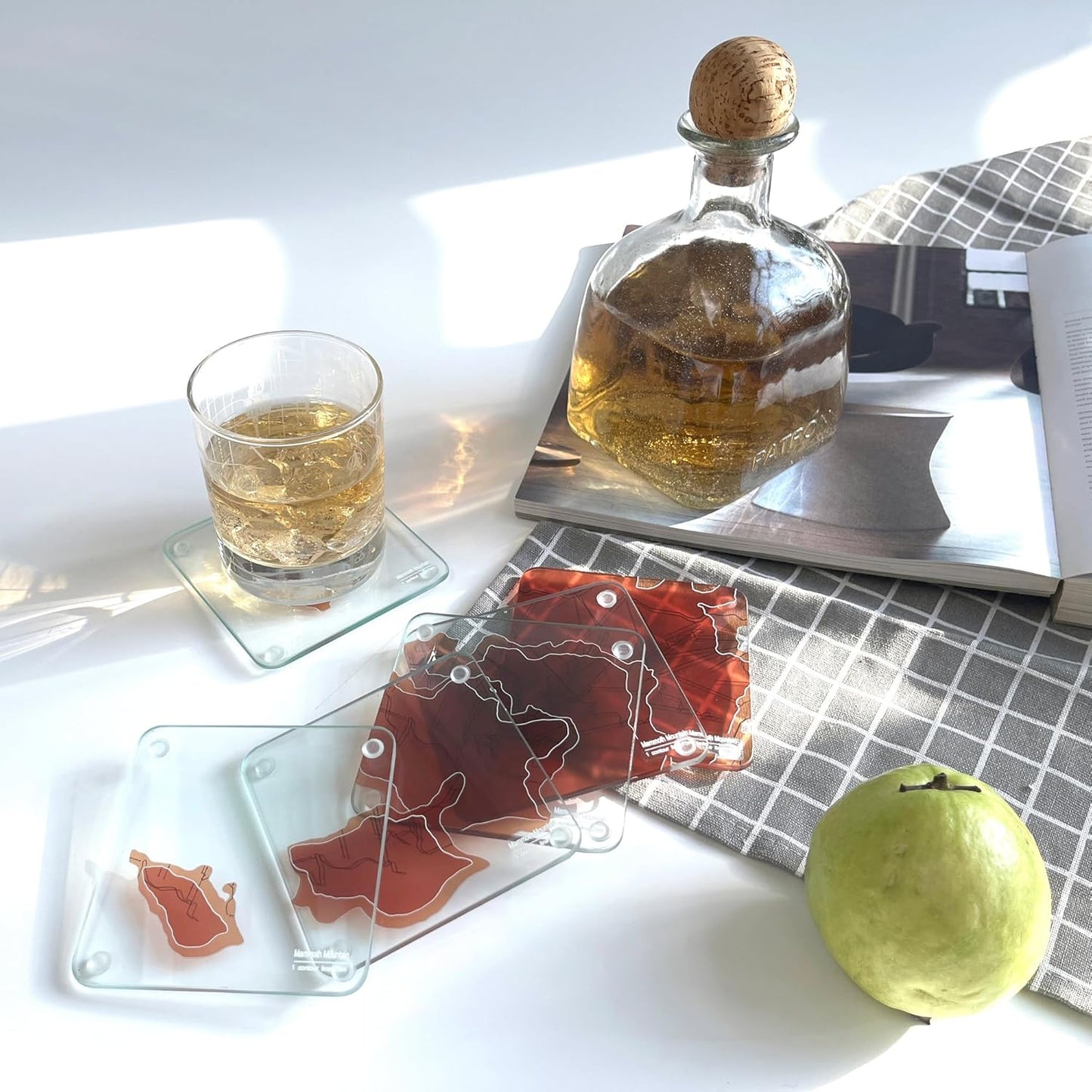 Mammoth Mountain 3D Contour Map Glass Drink Coasters of Mountains, Ski Resort, Set of 6 with Holder, Housewarming Birthday Gifts, Home Decor