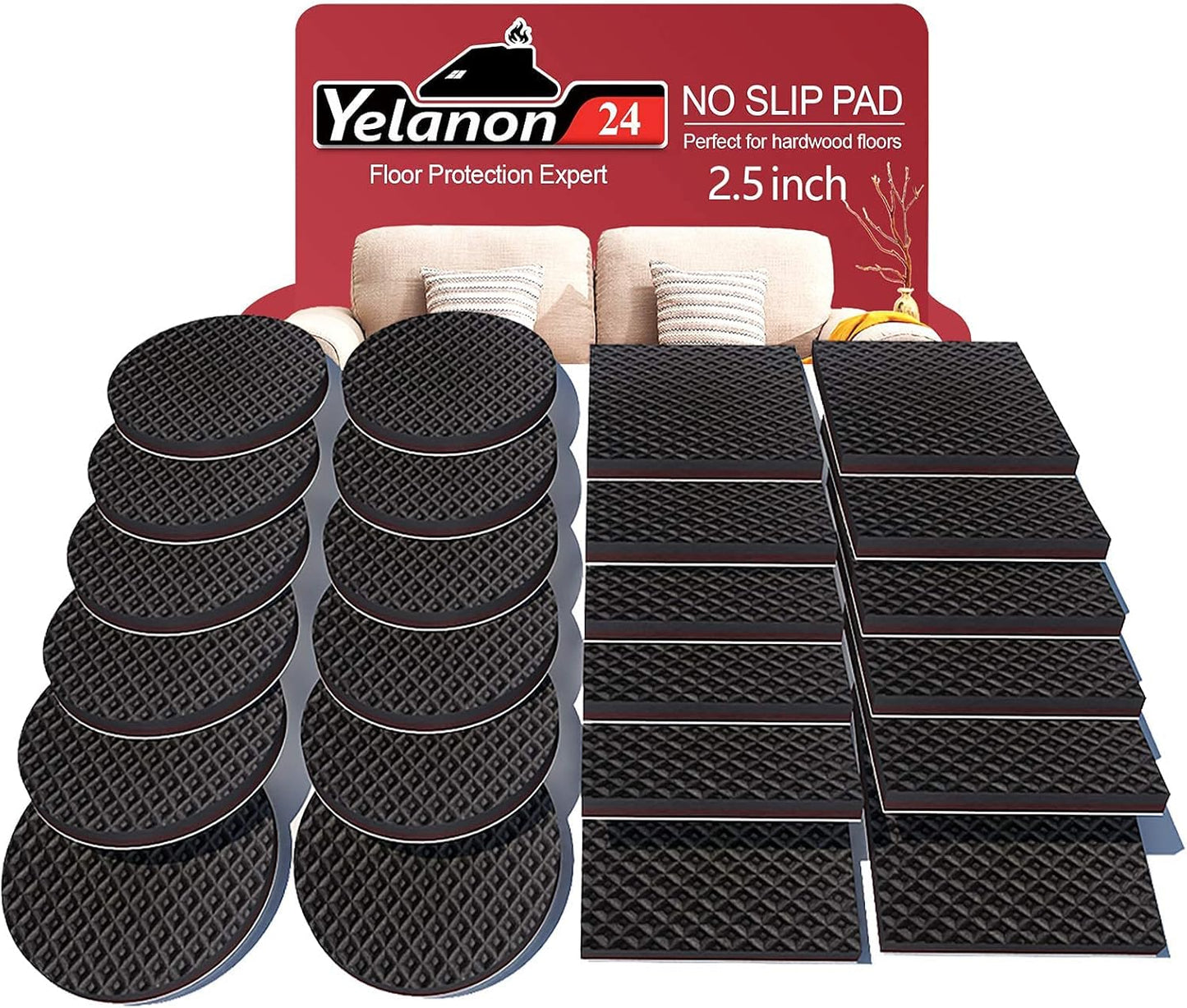 Yelanon Non Slip Furniture Pads -24 pcs 2.5" Furniture Grippers, Non Skid for Furniture Legs,Self Adhesive Rubber Furniture Feet, Anti Slide Furniture Hardwood Floor Protector for Keep Couch Stoppers
