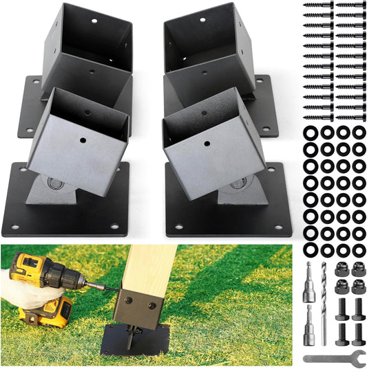 Hulave 201 Stainless Steel Swing Set Anchor Leveling Kit, Swing Set Leveling Base Bracket, Fits 4 x 4 (Actual Size 3.5" x 3.5") Wood Legs, Avoids Moisture to Protect Wooden Legs (4pack - Black)