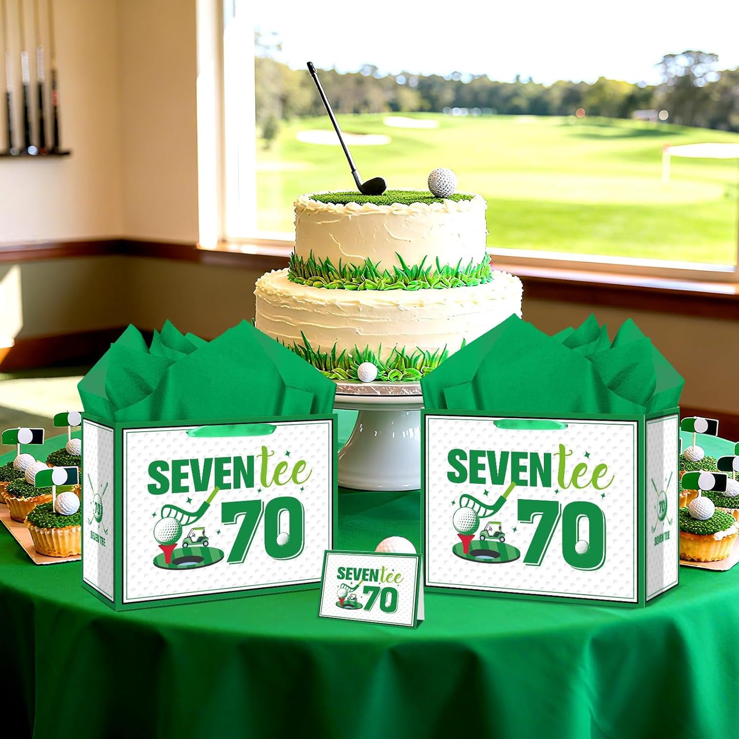 Golf 70th Birthday Gift Bag for Men Golf Happy Seventy Birthday Party Gifts bag with Tissue Paper Greeting Card Seven-Tee Bday Gift Wrapping Bag for Sports Themed Party Decorations Supplies