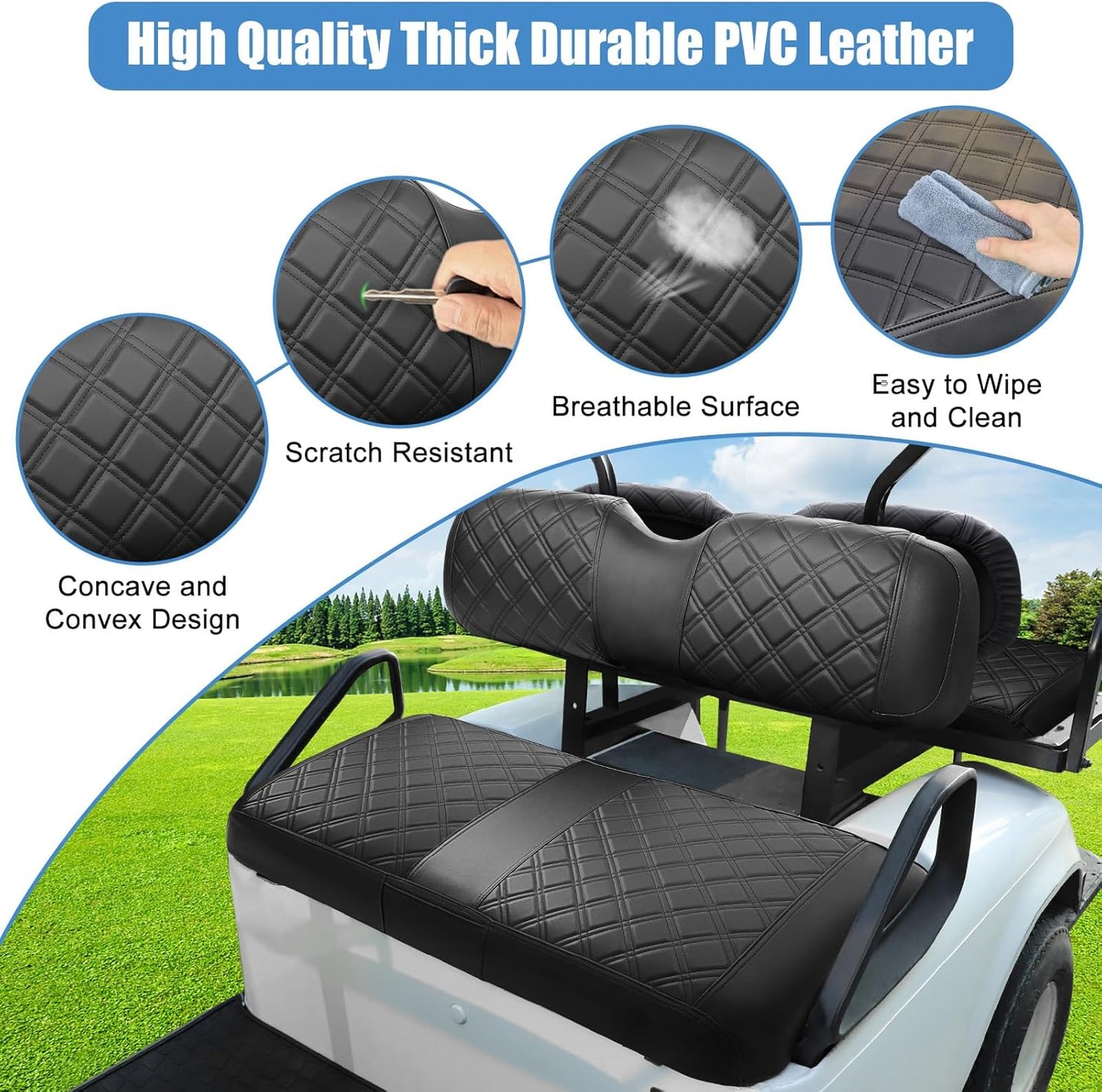 EZGO Seat Cover, Golf Cart Front Seat Cover Fit for EZGO TXT 1994-2013 and EZGO RXV OEM Ordinary Seat Cushion, Concave and Convex Design Appearance, Thick Vinyl Leather Comfortable/Breathable/Anti-Fad
