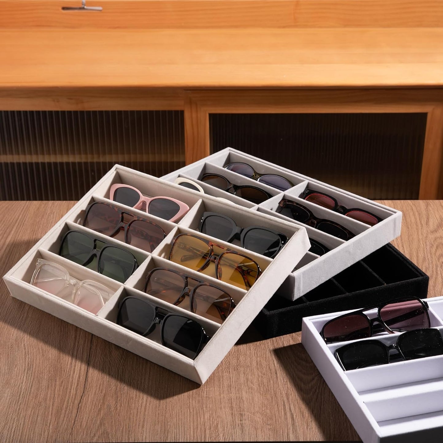 Frebeauty Sunglass Organizer,Velvet Glasses Organizer,8-Slot Sunglasses Tray for Drawer, Men's/Women's Sunglasses Box