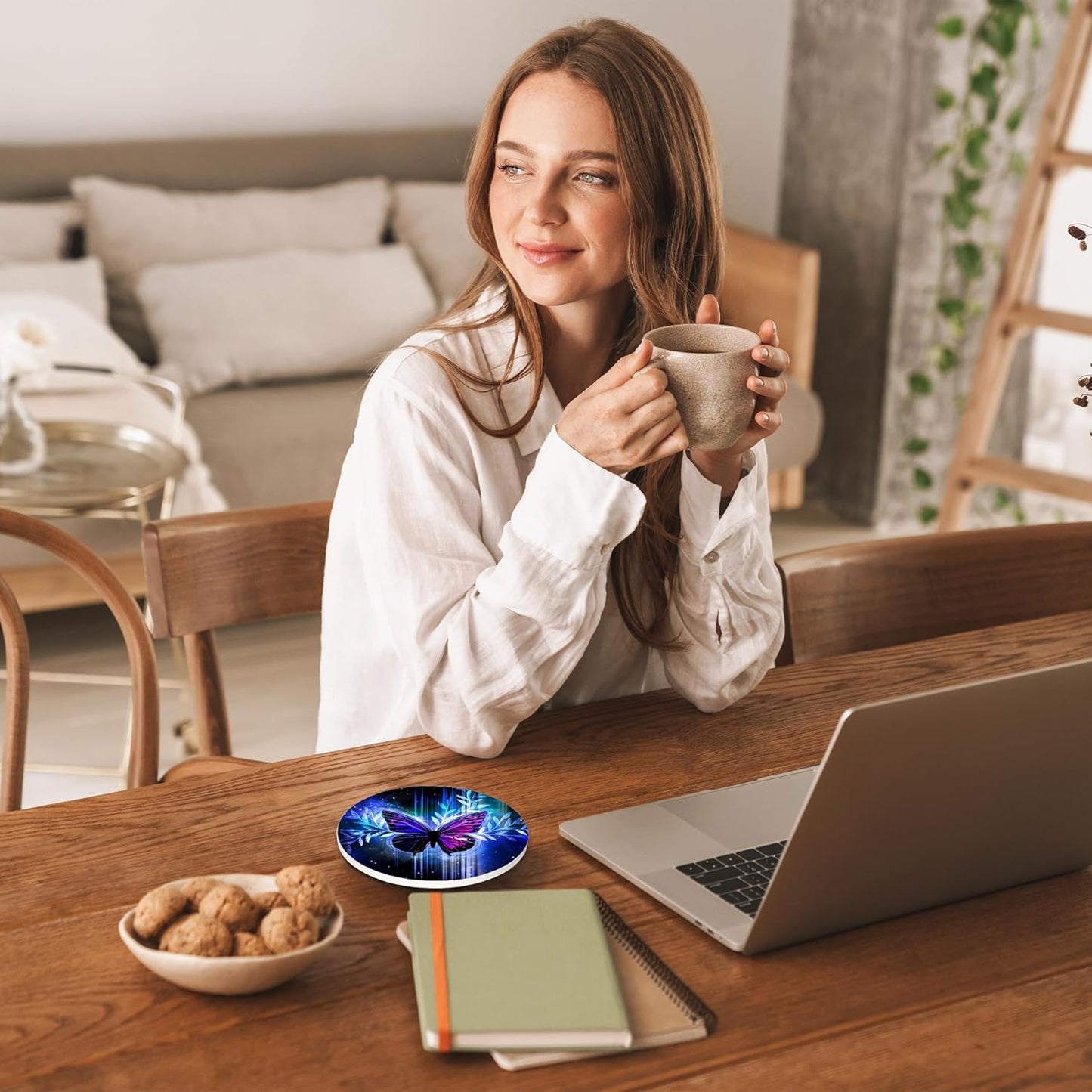 Drinks Coasters Set of 4, Magic Butterfly Round 4" Cup Coasters, Absorbent Ceramic Stone Coasters with Cork Base, Cute Coasters for Table Home Décor, Ideal Gifts for Women Men