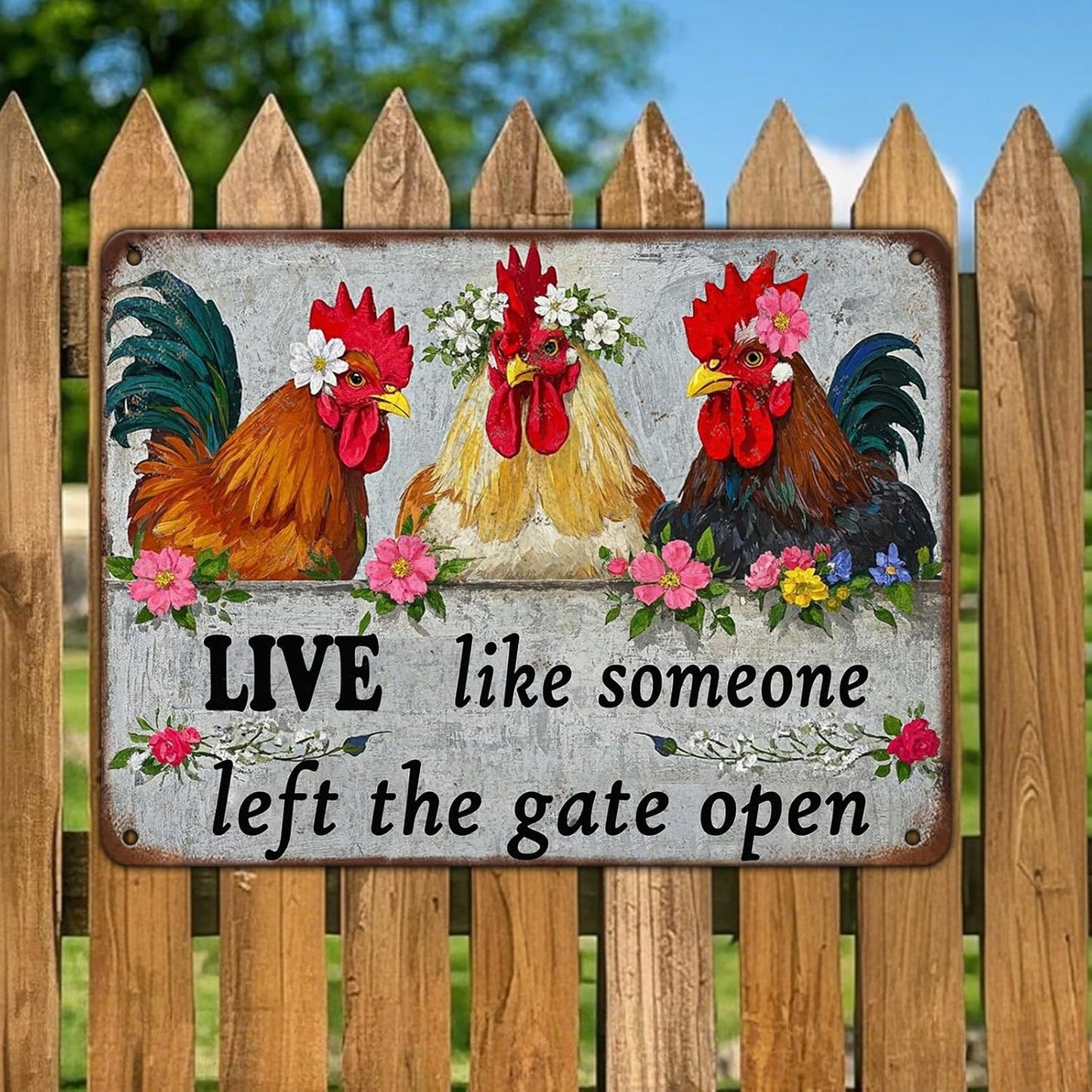 Funny Farmhourse Chicken Coop Metal Tin Signs 12x16 Inch Vintage Chicken Decor Sign Live Like Someone Left The Gate Open Poster Home Kitchen Garden Restaurant Rooster Outdoor Wall Art Decor