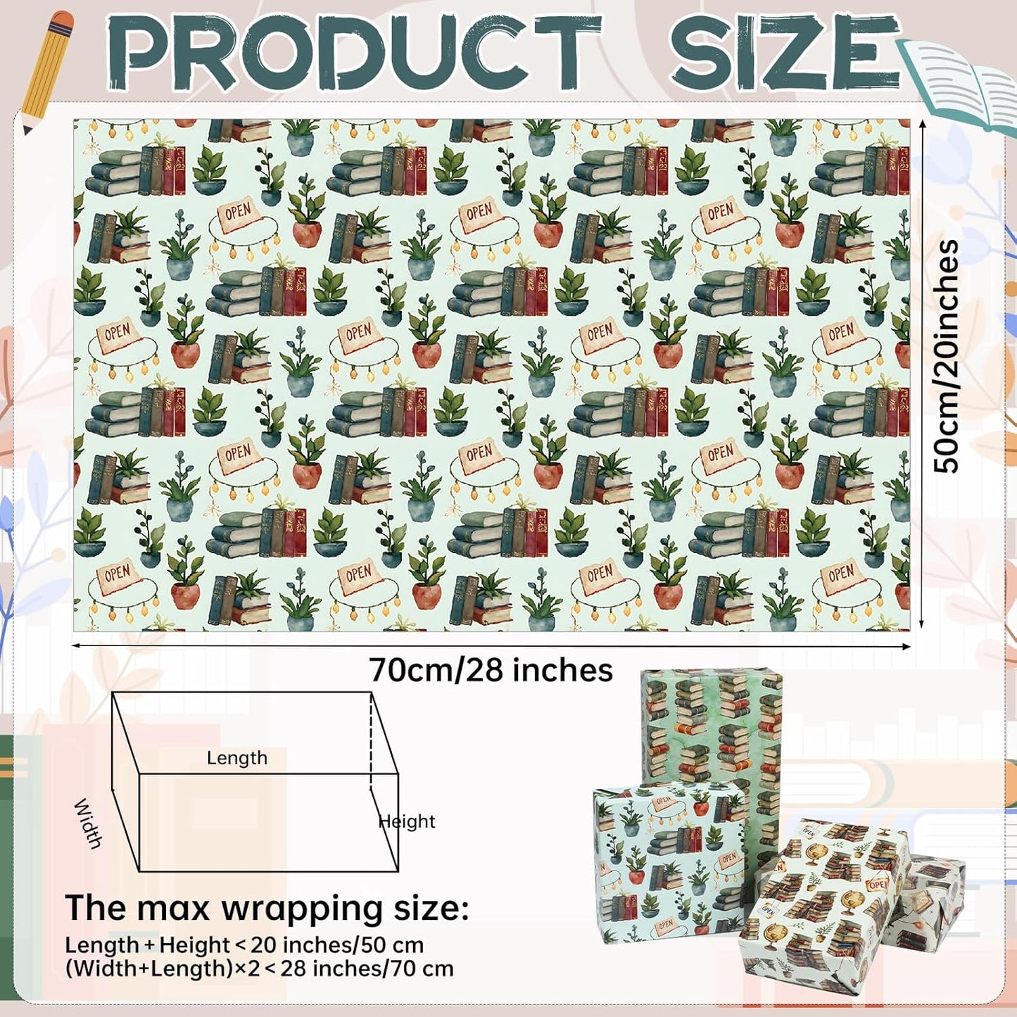 Pineraap Bookish Wrapping Paper 12 Sheets Watercolor Vintage Book Themed Designs Gift Wrap for Book Lovers, Librarians, Bookstores, 20"×28"