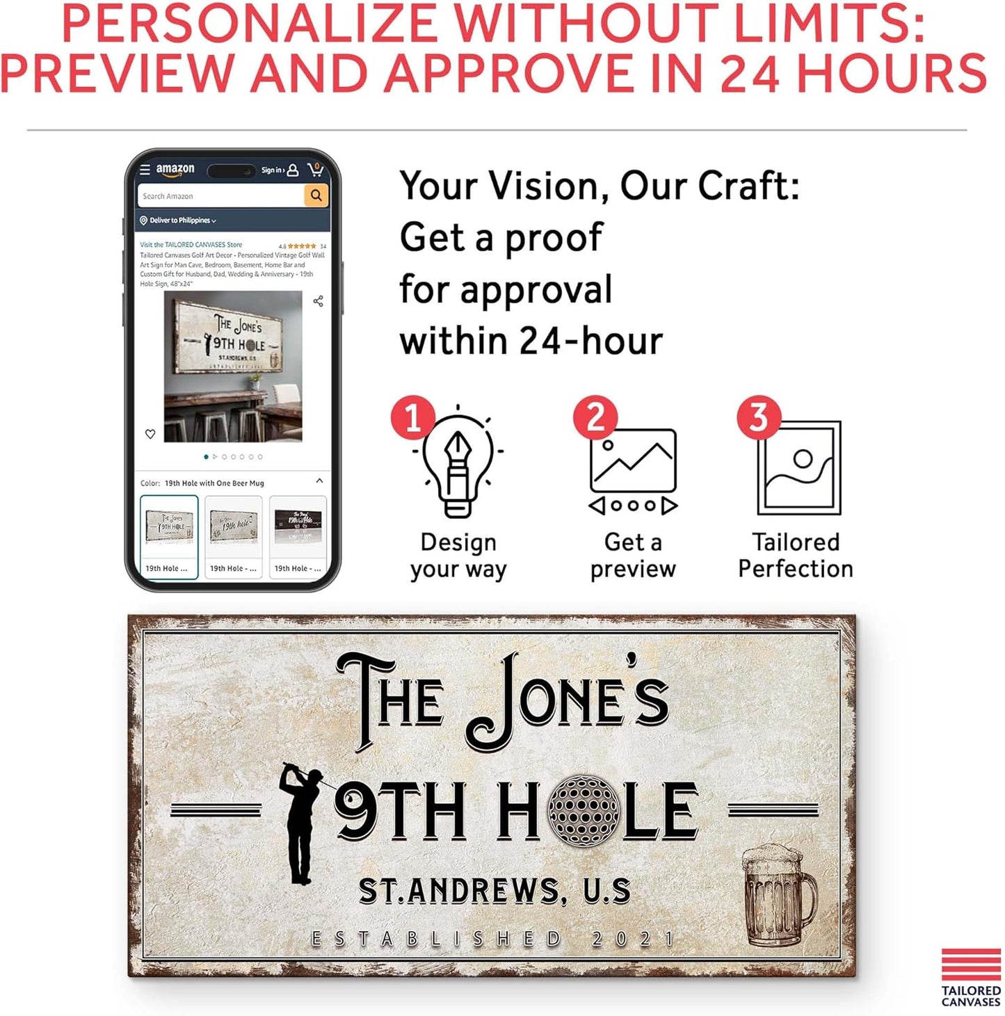 TAILORED CANVASES Golf Art Decor - Personalized Vintage Golf Wall Art Sign for Man Cave, Bedroom, Basement, Home Bar and Custom Gift for Husband, Dad, Wedding & Anniversary - 19th Hole Sign, 48"x24"