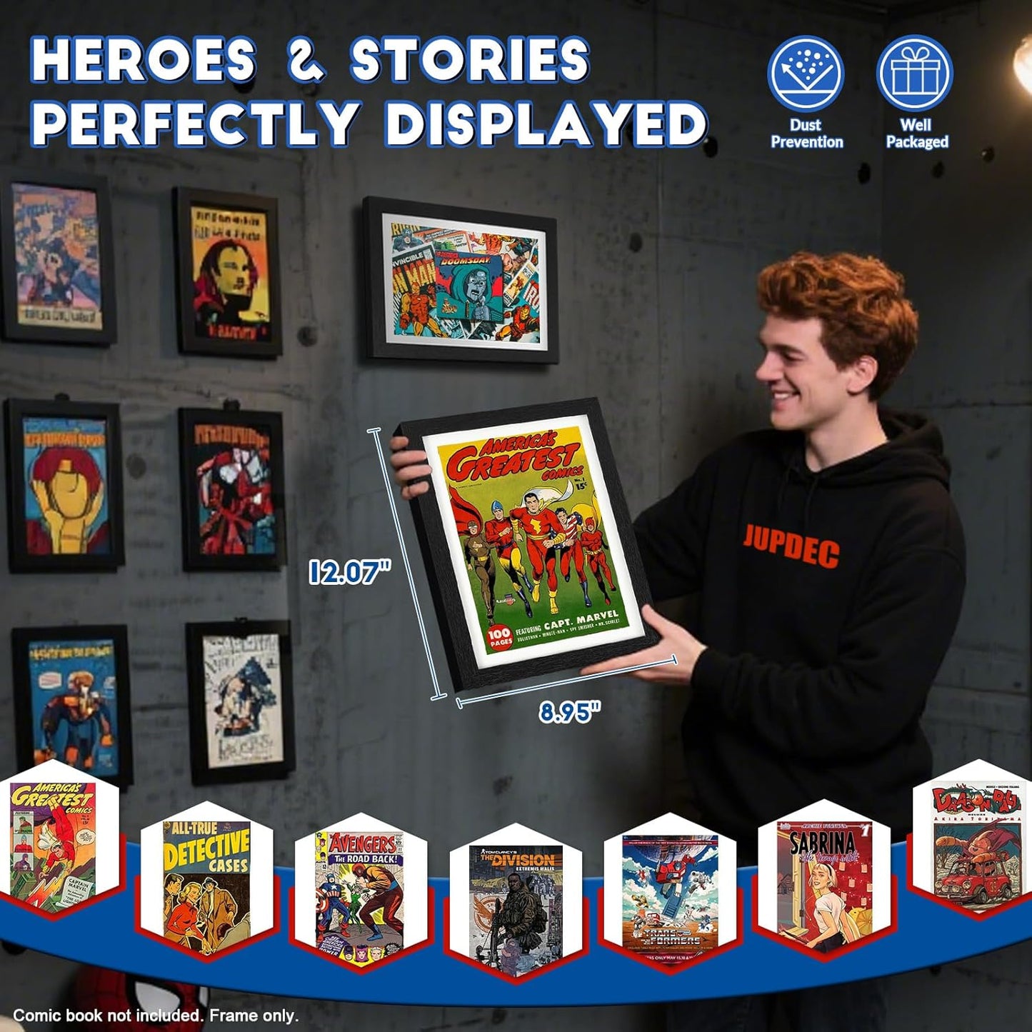 JupDec Comic Book Frame, Premium Wood Display Case for 6 11/16" × 10 3/16" Comic, Wall Mount or Tabletop Stand, Layered Design with Positioning Mat, Perfect for Home Decor, 1 Pack, White