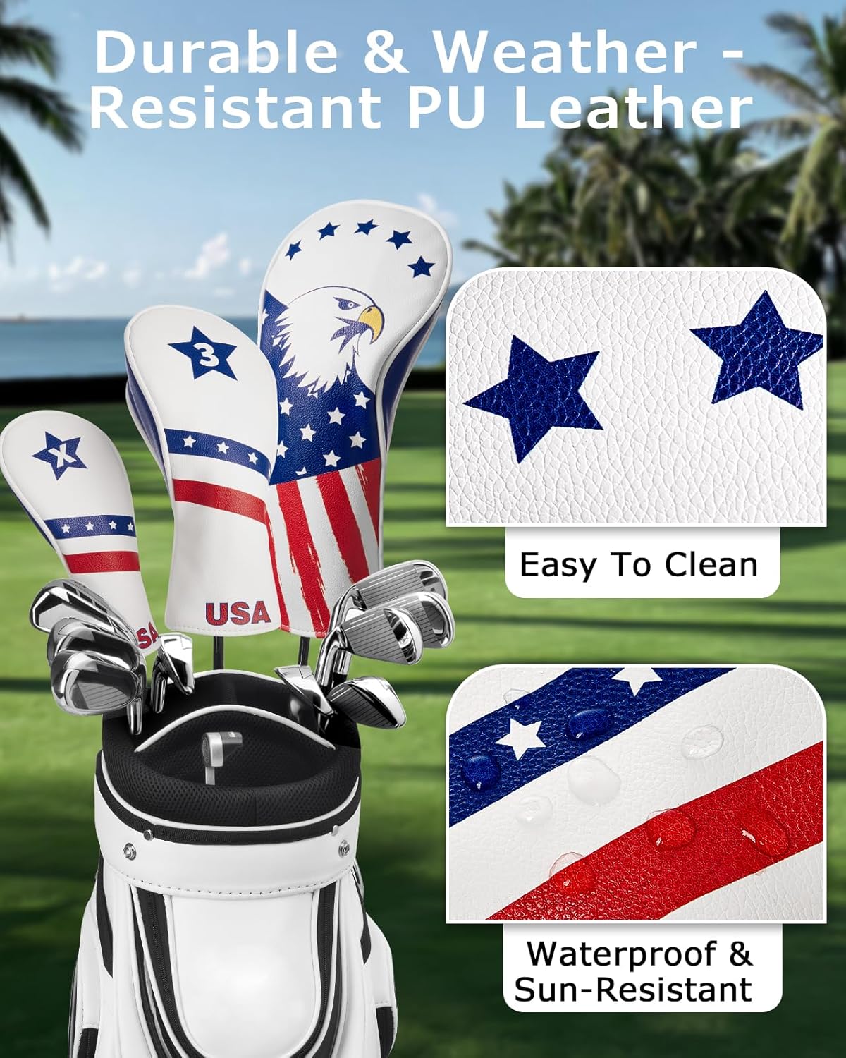 Golf Head Covers, 3 Pack Golf Club Head Covers USA Stars and Stripes, Velour Lined for Extra Club Protection, Designed to Fit All Woods and Drivers Velour Lined
