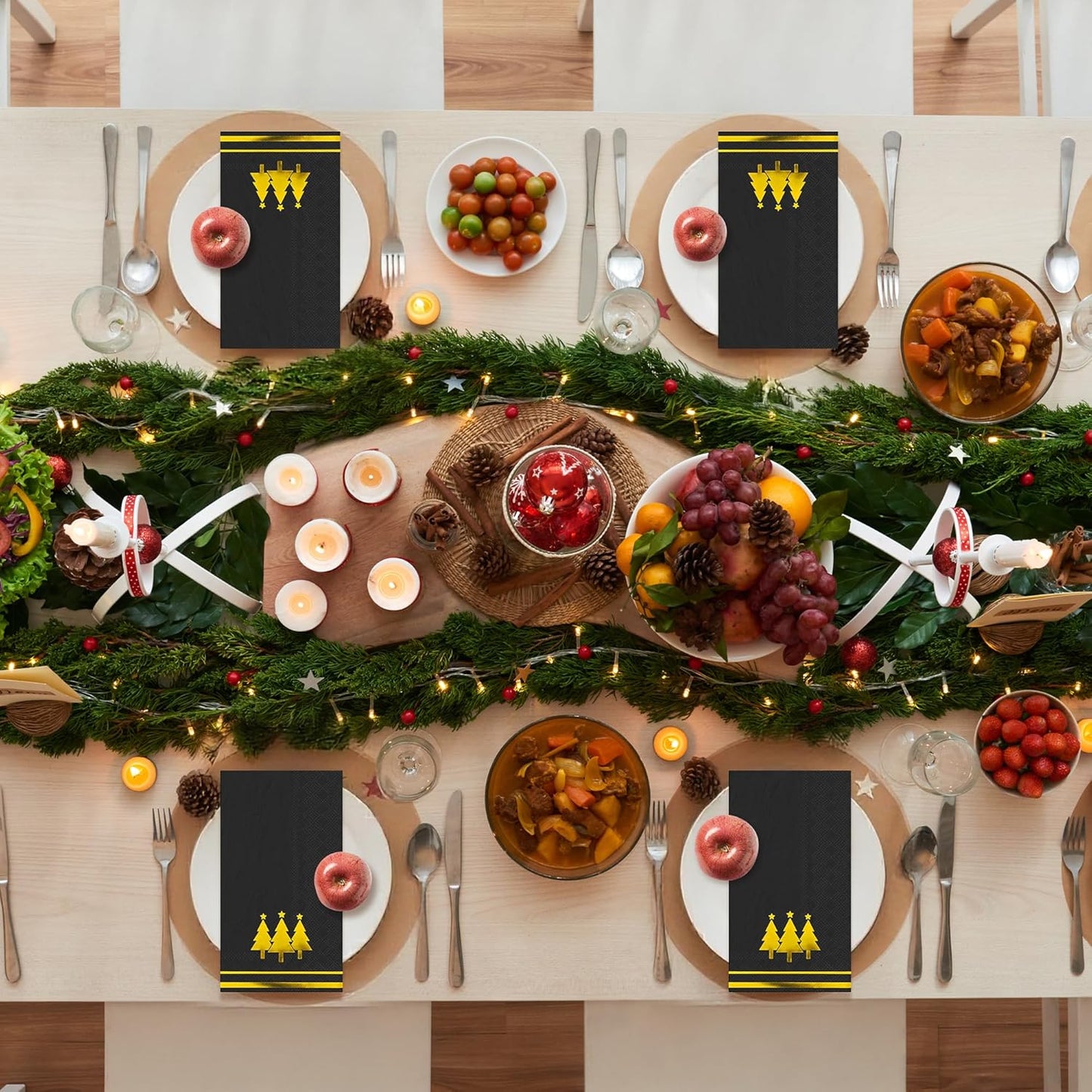 100 Pieces Christmas Napkins Disposable Christmas Gold Paper Napkins 7.8 x 4.3 Inch Decorative Guest Party Napkin Black Gold Foil Xmas Tree Hand Towels for Winter Party Wedding Birthday