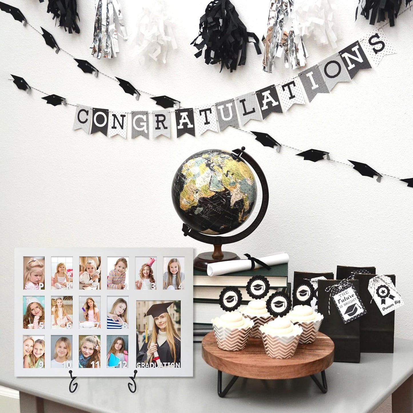 School Years Picture Frame Pre K to 12 White Graduation Gift Collage Frame with Stand Easel, Displays One 4x6 and Twelve 2x3 Wallet Photos