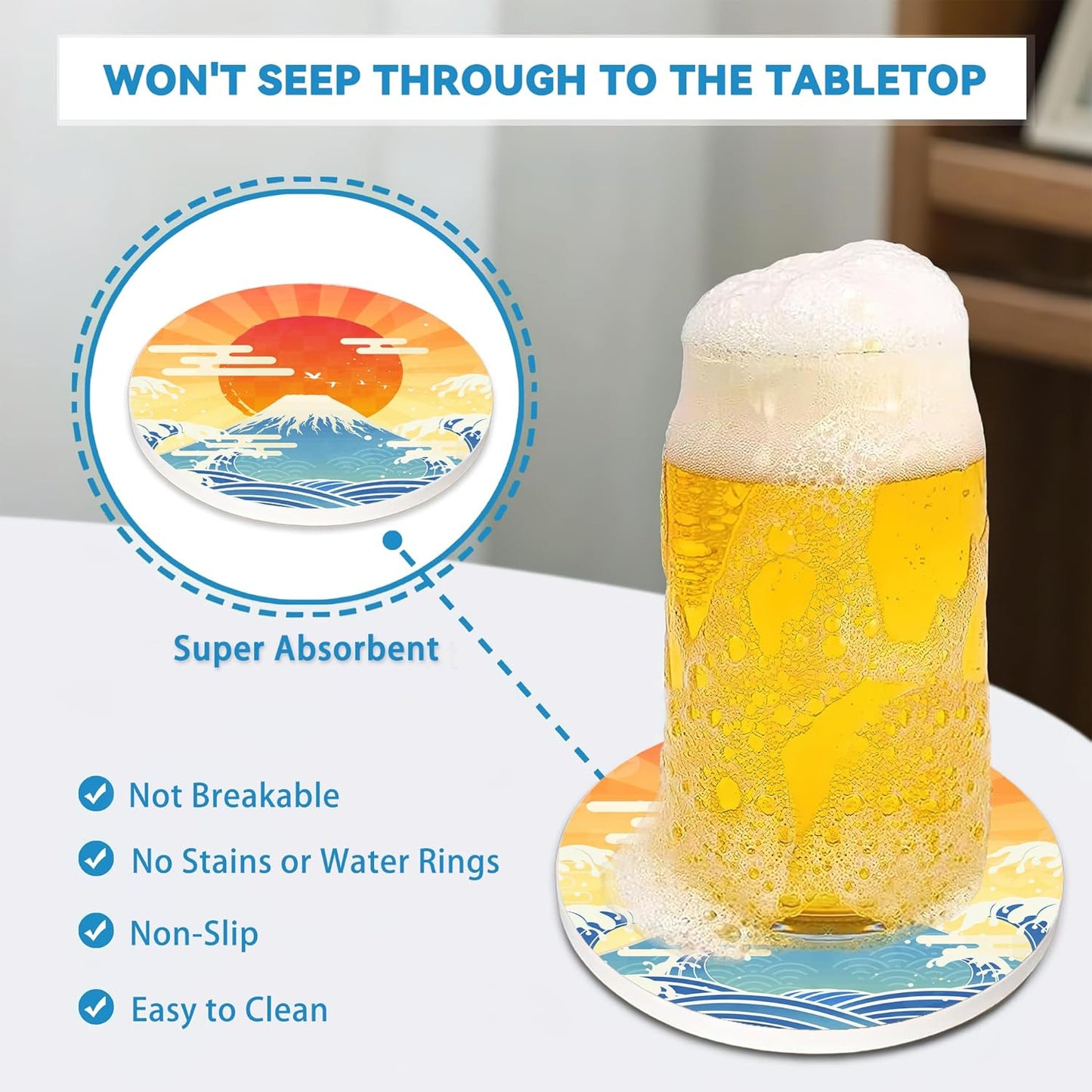 Drinks Coasters Set of 4, Japanese Style Sun Round 4" Cup Coasters, Absorbent Ceramic Stone Coasters with Cork Base, Cute Coasters for Table Home Décor, Ideal Gifts for Women Men