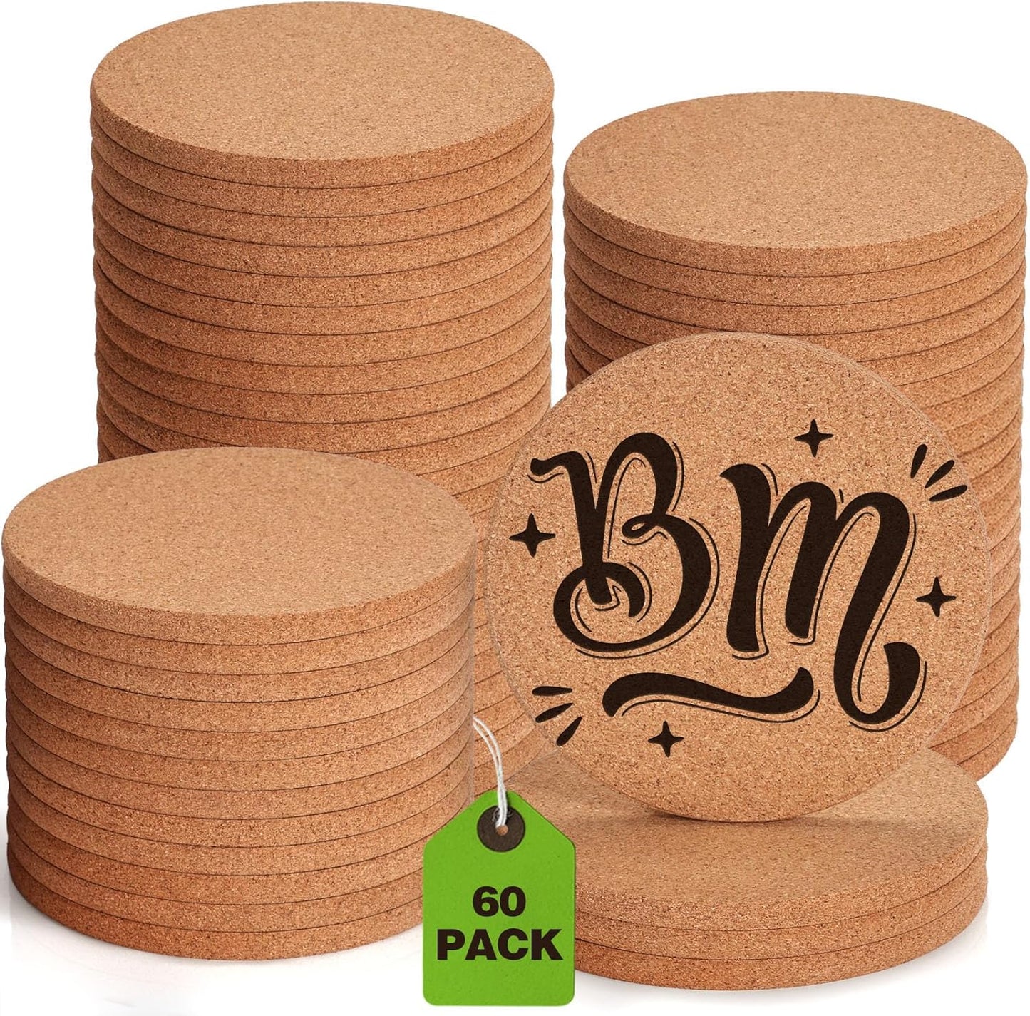 60 Pieces Cork Coasters for Drinks, GOH DODD Thicken Absorbent Blank Coasters for DIY Crafts Laser Engraving Sublimation Wood Burning Plants Painting Housewarming Gifts Wedding, Round, 4 Inch
