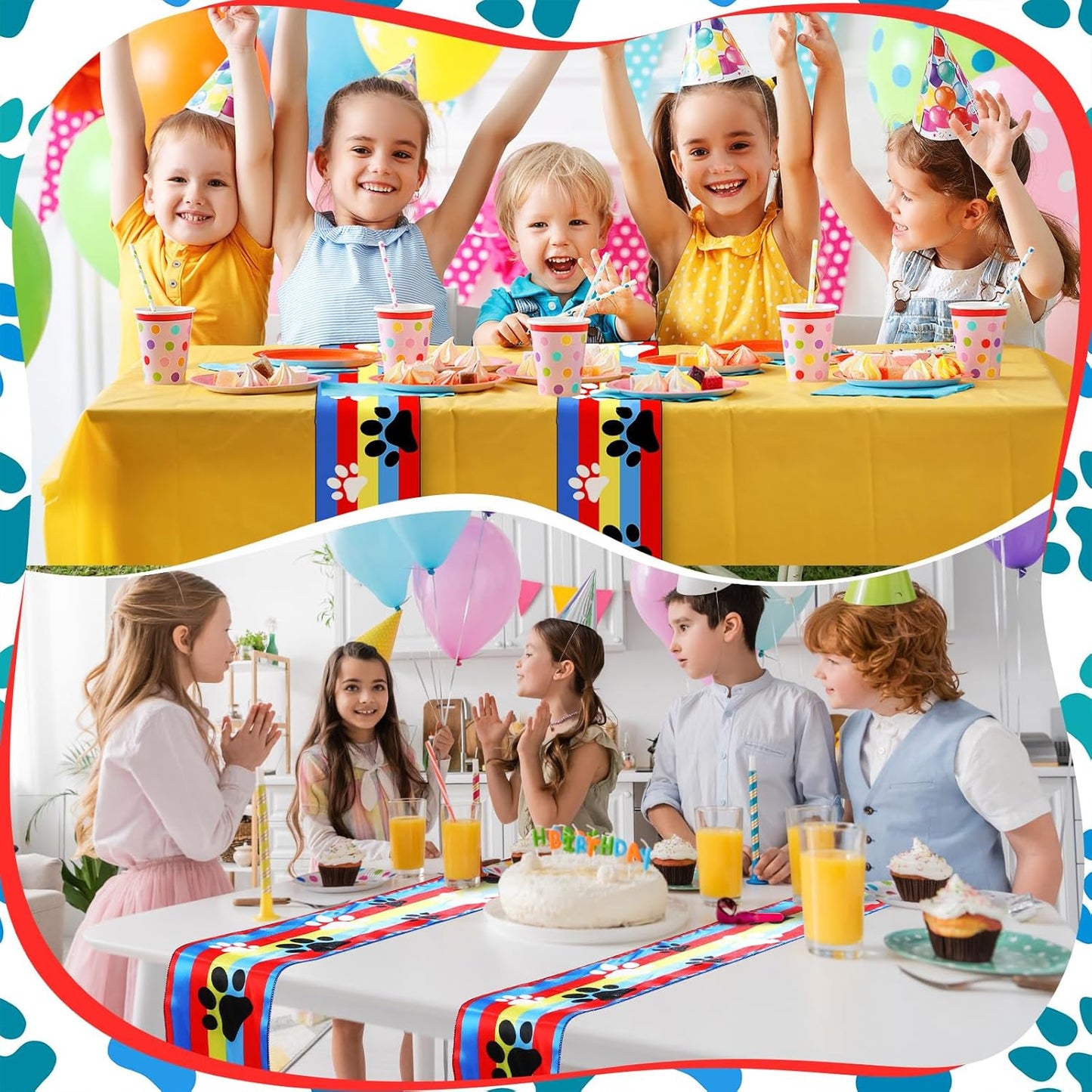 6 Pcs Paw Printed Table Runner 60 x 6 Inch Dog Paw Tablecloth Runner Gold Red Blue Striped Table Decoration for Dog Theme Birthday Party Decorations