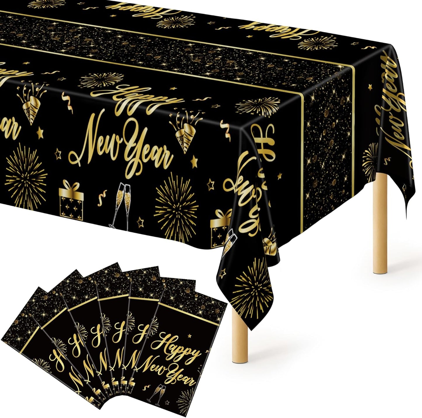 6 Pcs Happy New Year Tablecloth, 108" x 54" Rectangle Table Covers for New Years Eve Party Supplies, Black and Gold Firework Nye Tablecover 2026, Holiday Table Cover for NYE Party Supplies 2026 Decor