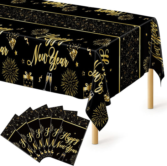 6 Pcs Happy New Year Tablecloth, 108" x 54" Rectangle Table Covers for New Years Eve Party Supplies, Black and Gold Firework Nye Tablecover 2026, Holiday Table Cover for NYE Party Supplies 2026 Decor