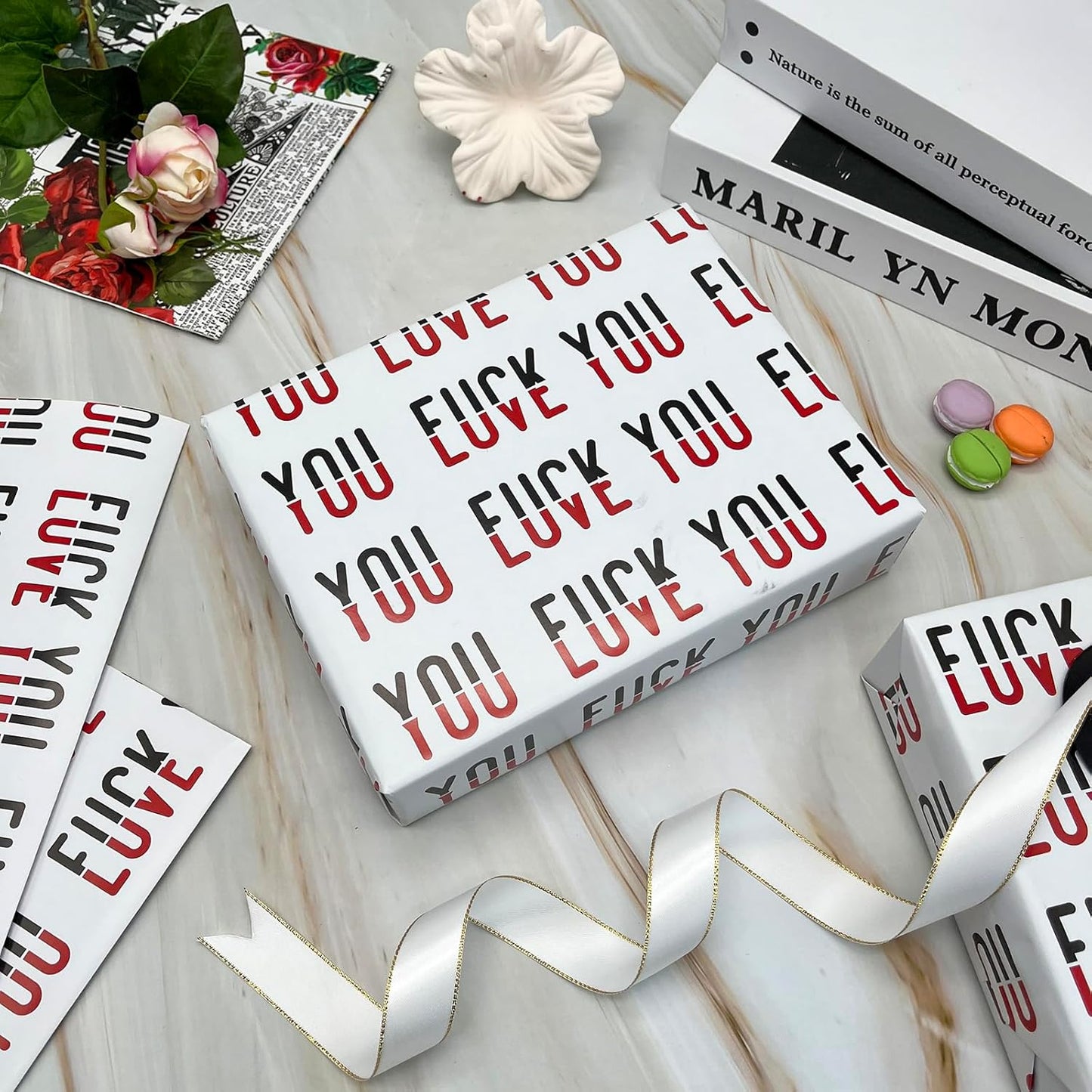 Dtiafu Funny Wrapping Paper for Adult Girlfriend Boyfriend Valentines Day - Fxxk You Love You Words Great for Birthday Wedding - 20 x 28 Inch Per Sheet(6 Sheets)