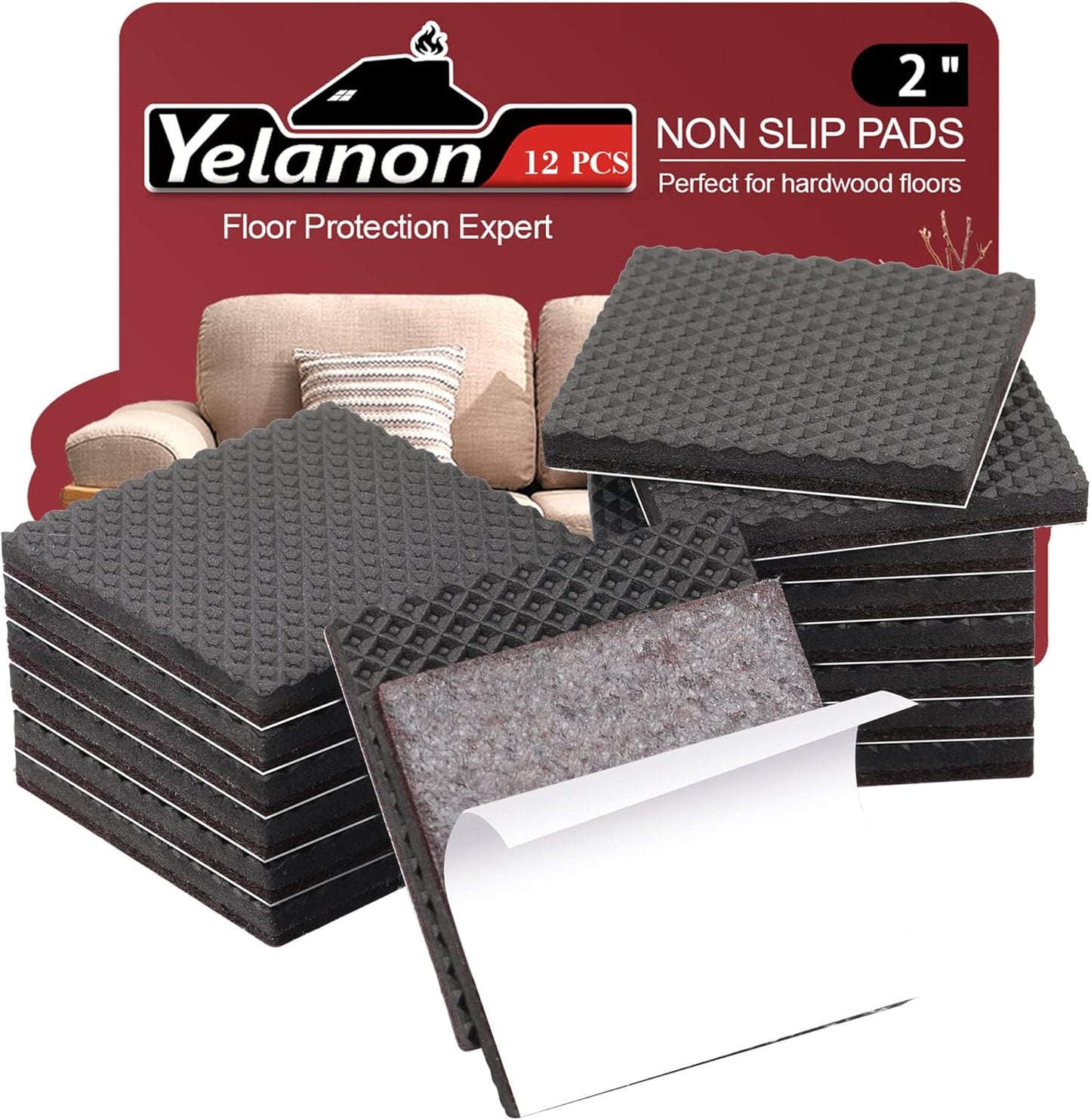 Yelanon Non Slip Furniture Pads-12pcs 2" Furniture Grippers Hardwood Floors Non Skid for Furniture Legs Self Adhesive Rubber - Feet Anti Slide Furniture Floors Protectors for Keep Couch Stoppers