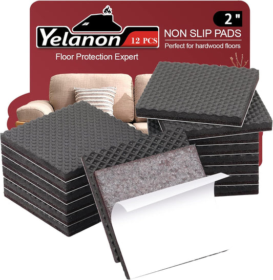 Yelanon Non Slip Furniture Pads-12pcs 2" Furniture Grippers Hardwood Floors Non Skid for Furniture Legs Self Adhesive Rubber - Feet Anti Slide Furniture Floors Protectors for Keep Couch Stoppers