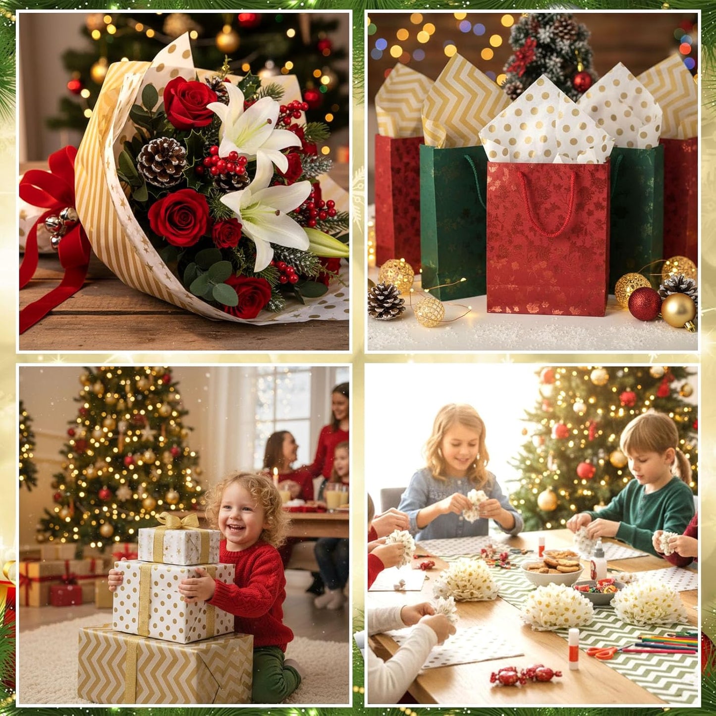 Koogel 100 Sheets Tissue Paper, 20 x 14 Inch White Gold Tissue Paper for Gift Bags, Stars and Stripes Pattern for Christmas Gift Wrapping and DIY Crafts