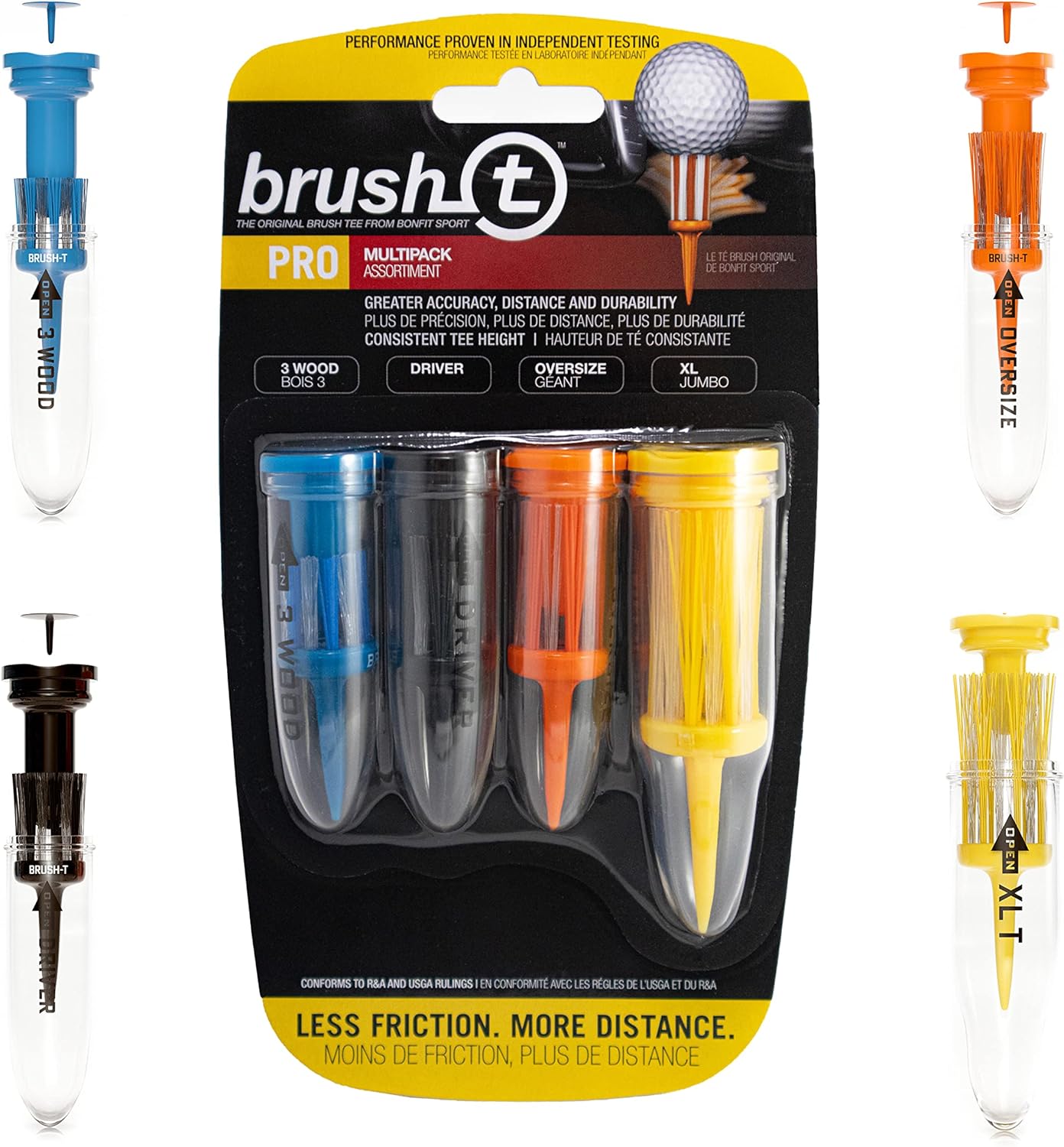 BRUSH T Premium Plastic Golf Tees, Unbreakable Innovative Design, Consistent Height, Perfect Golf Gift for Men and Women. Multiple sizes 2", 2.2", 2.4", 3 1/8" - 4 Pack (3 Wood, Driver, Oversize, XLT)