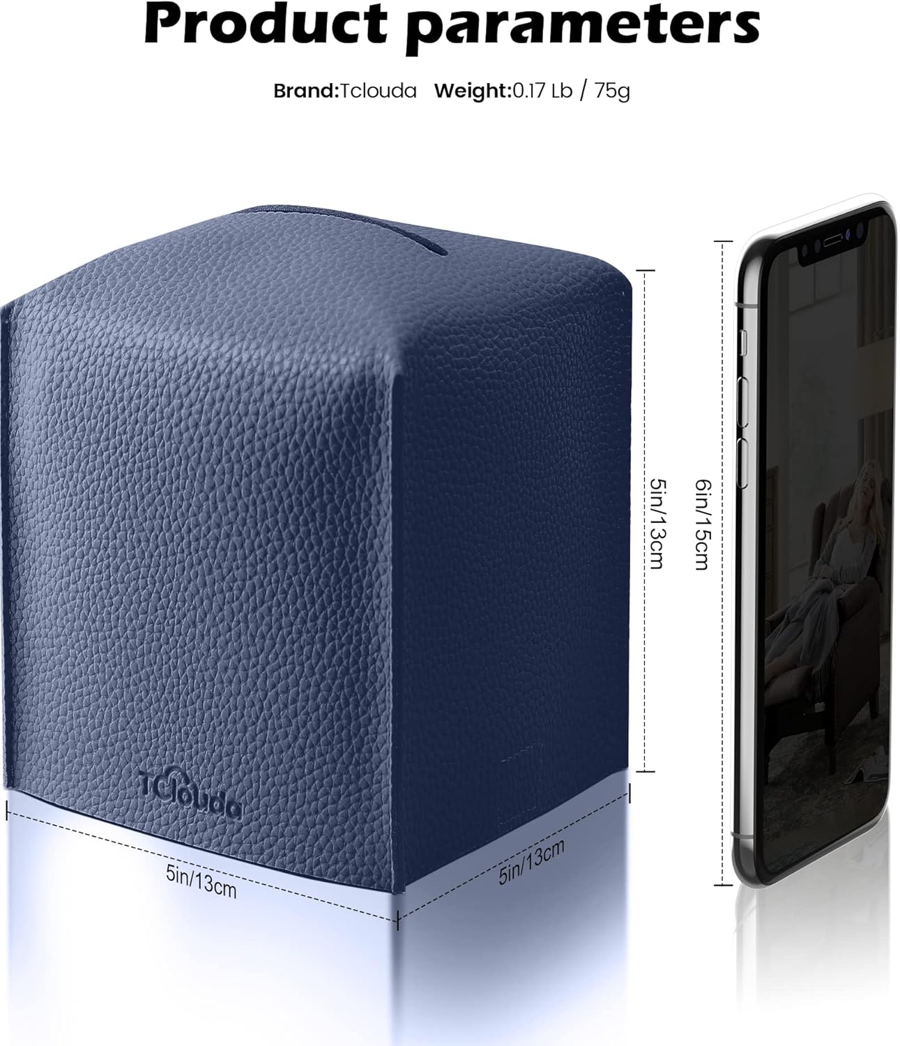 Tissue Box Cover for PU Leather, Modern Simple Solid Color Holder Square Tissue Bag, Ideal for Bathrooms,Office,Car,Outdoor Tent,Dining Table,5"X5"X5", Single Navy Blue