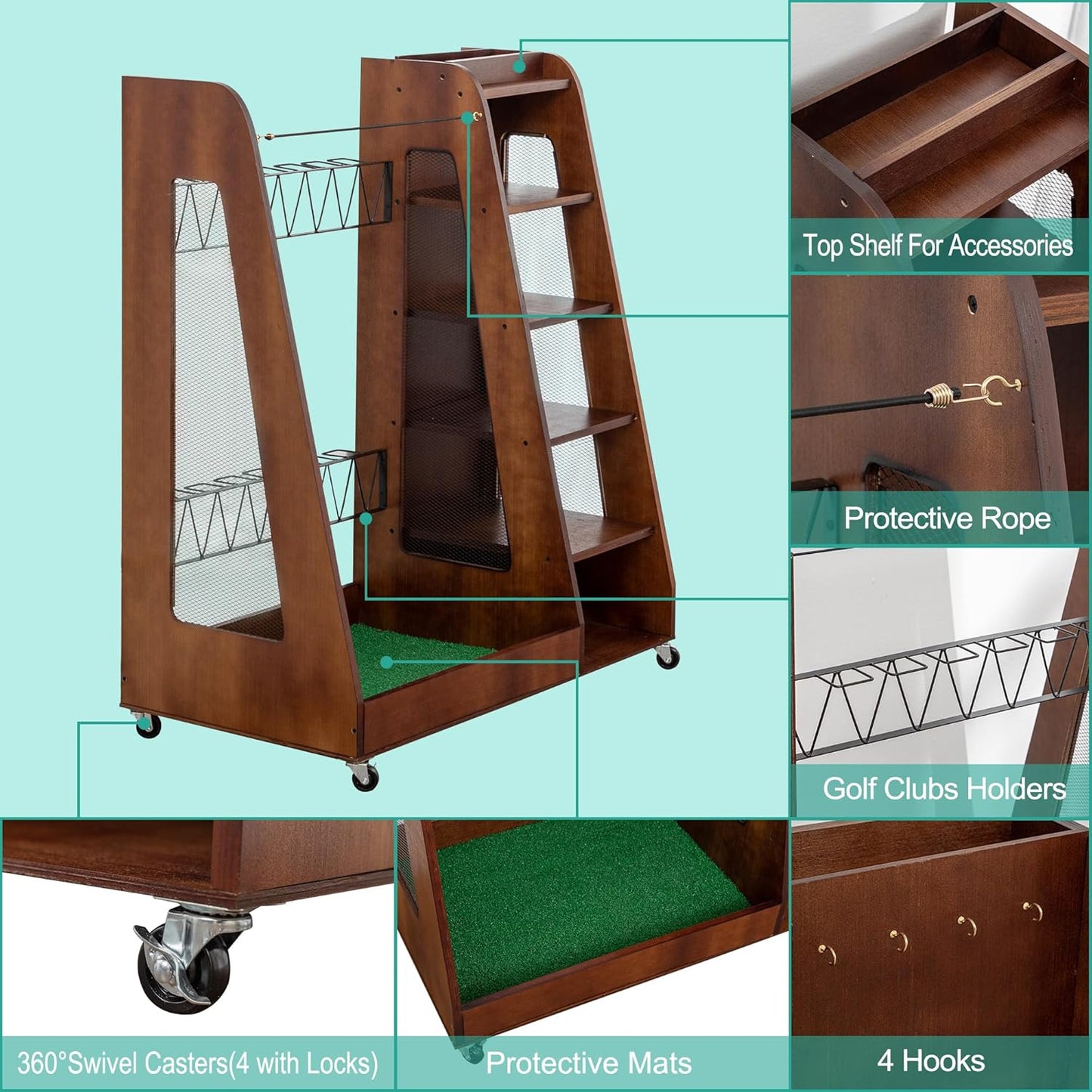 Wooden Golf Bag Organizer and Storage Rack, Wooden 2 Golf Bag Rack with Drawers, Easy to Assemble Golf Club Holder/Stand with Club Holders on Side