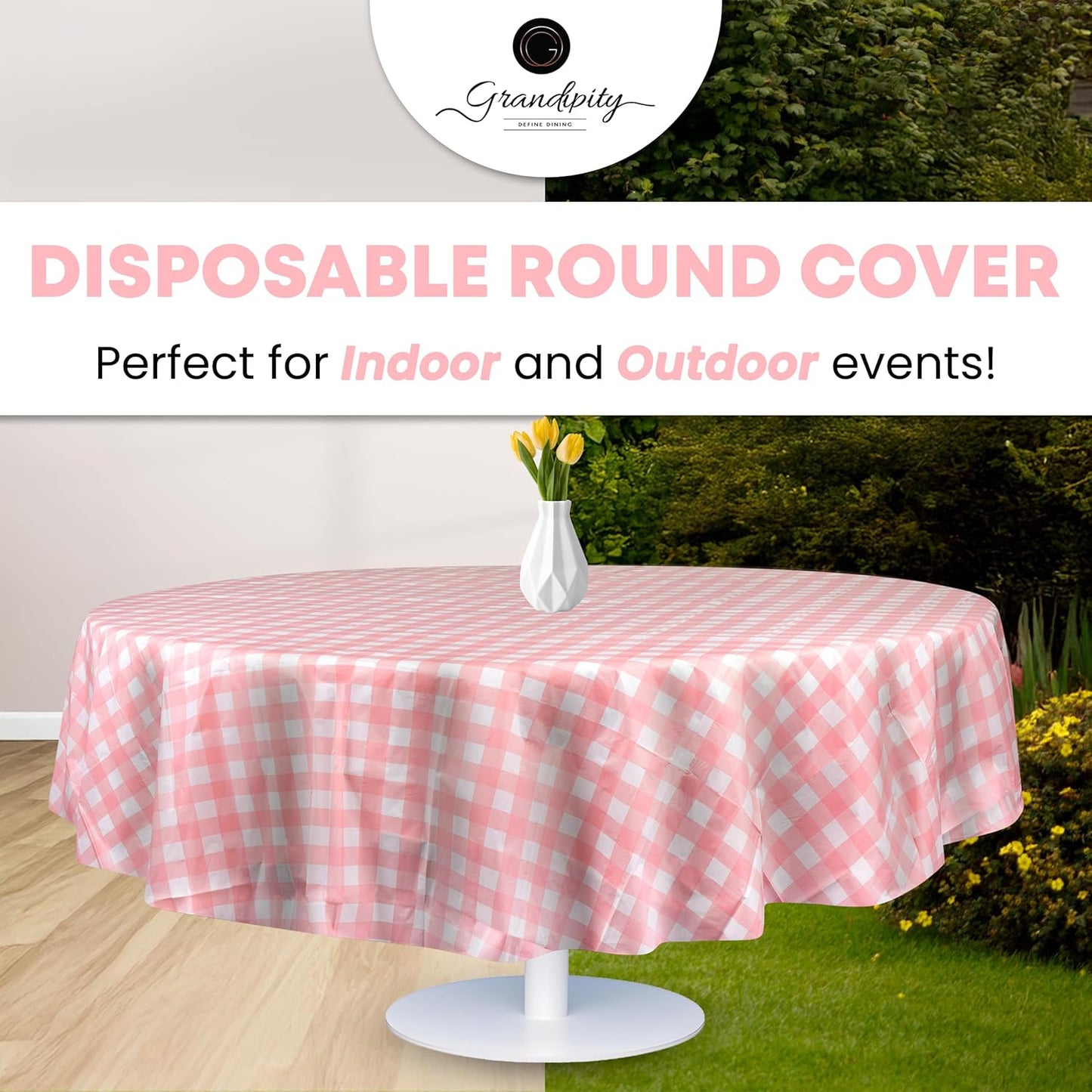 Grandipity 12 Pack Premium Disposable Plastic Tablecloth 84" Inch Decorative Round Table Cover - Pink Checkered Gingham