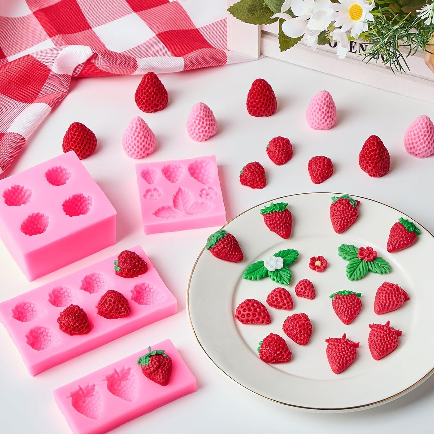 4 Pcs Strawberry Silicone Fondant Molds for Chocolate, 3D Fruit Shaped Molds for Shortcake Cupcake Decoration, Candles, Clay, Wax Making