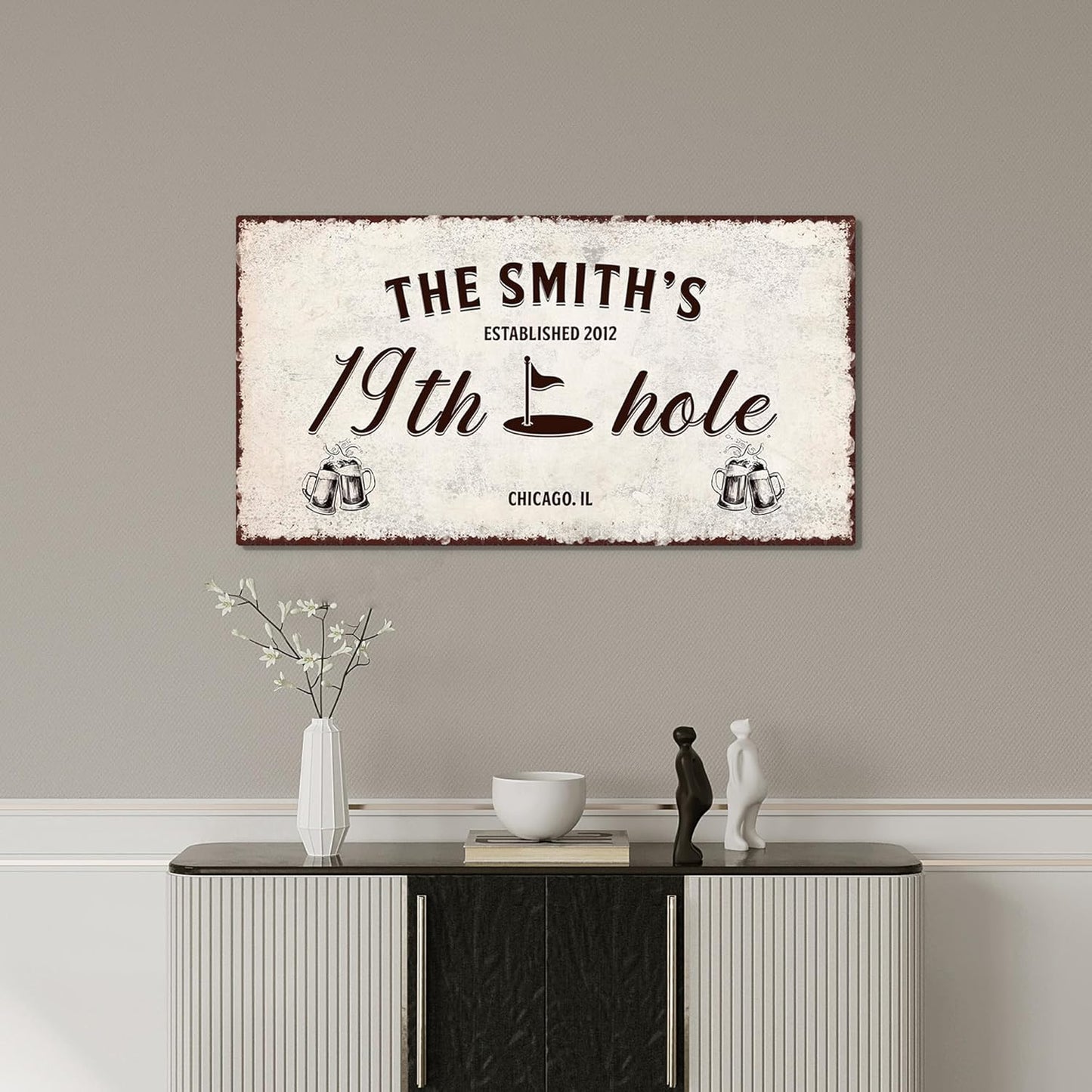 Awesometik 19th Hole Retro Vintage Golf Wall Art Sign with Beer Mugs, 12x24 inches, Wooden Canvas, Wall Mount, Adult Golfer Man Cave Bar Decor